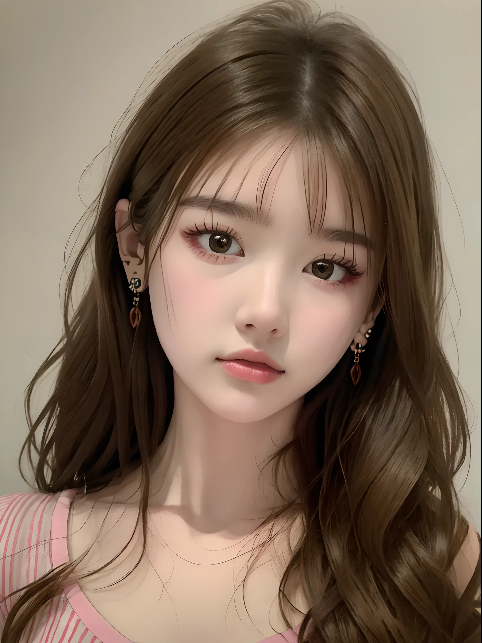Best quality, masterpiece, super high resolution, (realistic: 1.4), original photo, 1 girl, hairpins, earrings, jewelry, brown hair, looking at the viewer, lips, playful, loose pajamas, bust
