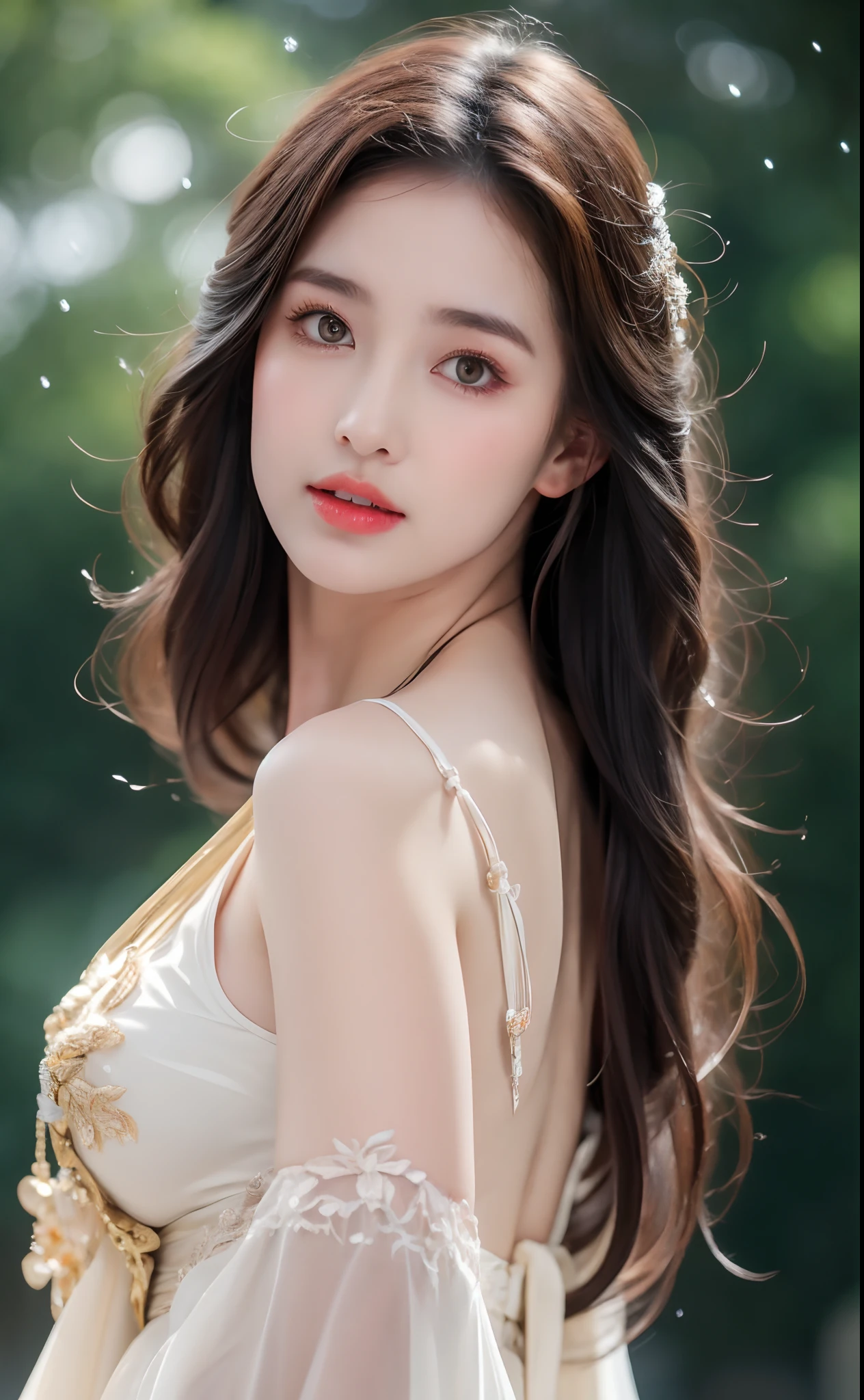 Superb Quality, Masterpiece, High Resolution, 1Girl, Blush, (Seductive Smile: 0.8), Star Pupil, , Hair Accessories, Necklace, Jewelry, Beauty, on_body, Tyndall Effect, Realism, Lotus Pond, Light Edge, Two-tone Lighting, (High Detail Skin: 1.2), 8K UHD, DSLR, Soft Light, High Quality, Volume Lighting, Candid Photo, High Resolution, 4K, 8K, Background Bokeh