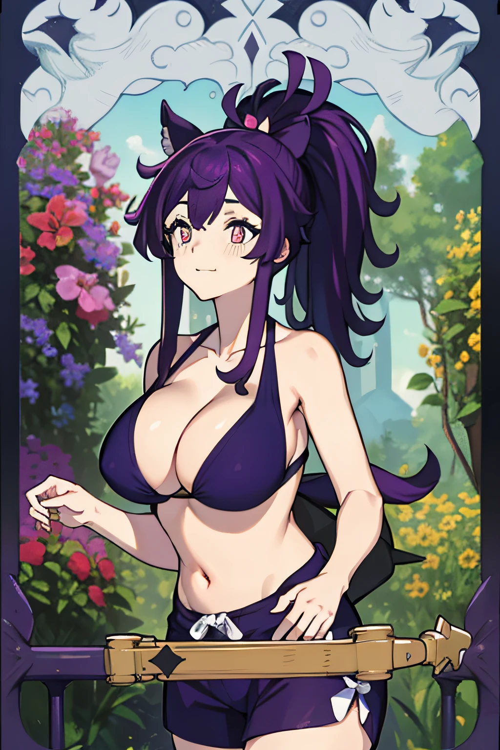 Purple pupils, Purple Wolf Girl, Slim posture, huge tit，A lovely 20 year old woman, Gorgeous Hair in Long Purple, Wear brown bandeau and bow brown swimming trunks,