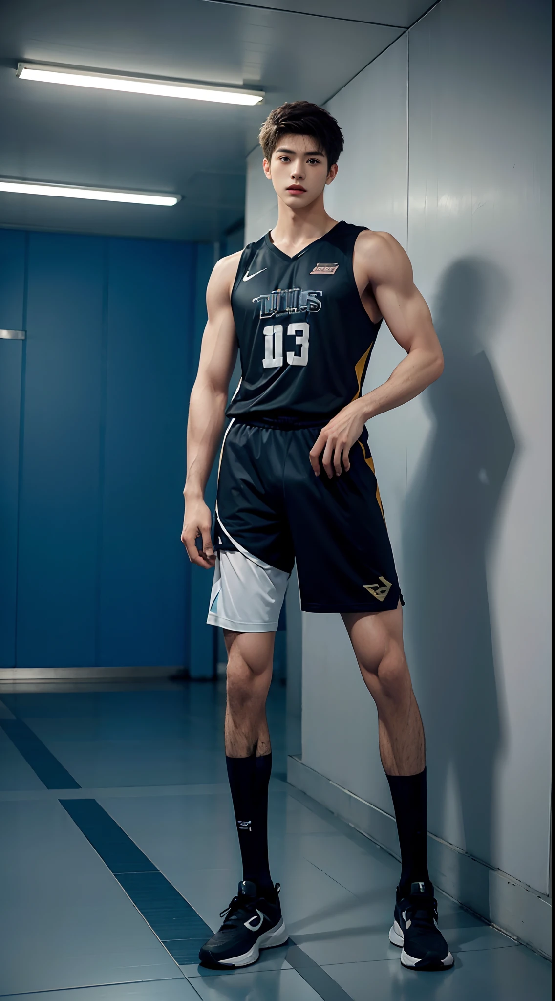 (((Best quality))),(((Ultra detailed))),(((Masterpiece))),(Cute tall Shota:3),The height of a volleyball player,solo person,(full bodyesbian:3),(Stay away from the lens:3),Expose your legs,(revealing the whole body:2),(Frontal heads-up view:1.2),malefocus,(looking at viewert),16 yaers old,(Tall:3),(Tall guy:2),Super tall,(Height 300 cm:2),Excellent body proportions,muscular physique,(1.The shoulders are 5 times wider:1.2),(Slender straight legs:2.5),Slender feet,small heads,musculous,The face of the animated male protagonist,(Very detailed beautiful face and eyes:2),(Big bright eyes:1.2),Sharp eyeliner,Clear and beautiful face,exhilarated,(laughingly:2),short detailed hair,(Correct facial features),(tilts your head:1.5),(Men's basketball jersey:2),Long sport men's socks,(Muscle firming:2),Strong,(Wide shoulders and narrow waist:2.2),Detailed muscle texture,Highlights muscle structure,in a subway,(Kneel on the ground:4),(full length shoot),ultra-realistic realism, (Photorealistic detail), Incredible accuracy, lifelike textures, masterful technique, Jaw-dropping precision, artistic dedication,(anatomy correct),Good lighting,exquisite detailing,Best quality,stunning masterpiece,CG,(Colored screen)
