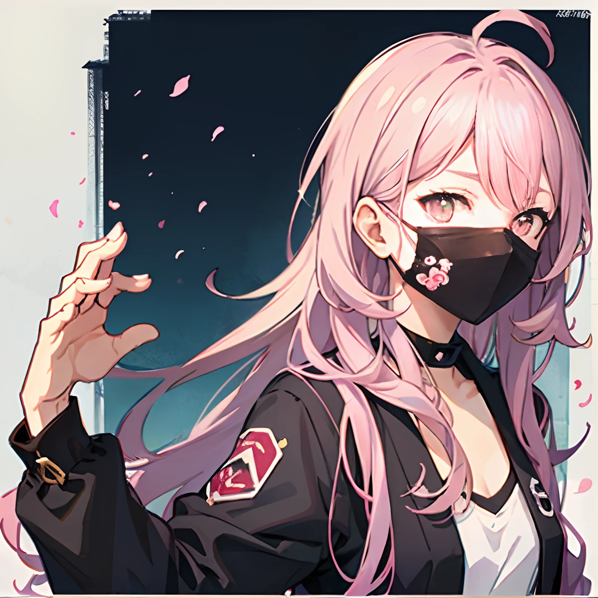 anime girl with a mask on her face making a gesture, anime vibes, in an anime style, subtle anime style, anime style only, in anime style, flat anime style, anime moe artstyle, anime styled, wearing all black mempo mask, anime style, anime aesthetic, lofi girl, modern anime style, anime-style, clean detailed anime style,pink theme background