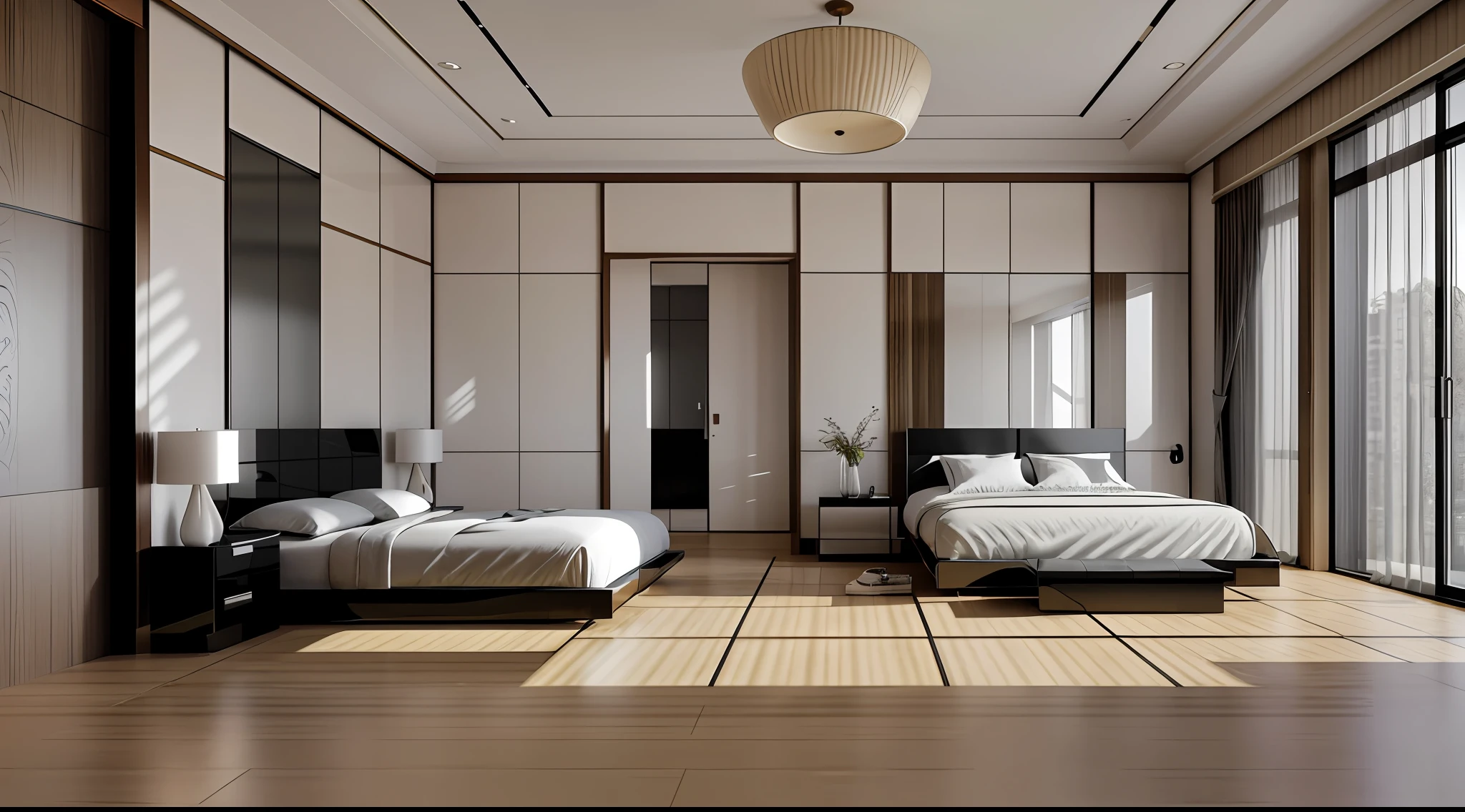 there is a bed in the room with glossy floor, bedroom, high quality photo, high quality photo, very detailed phoro, very realistic photo, fine detail photo, excellent photo, designer bedroom Japanese style, 3d rendering style, luxurious hd photos, very realistic render, stunning photos, realistic photography