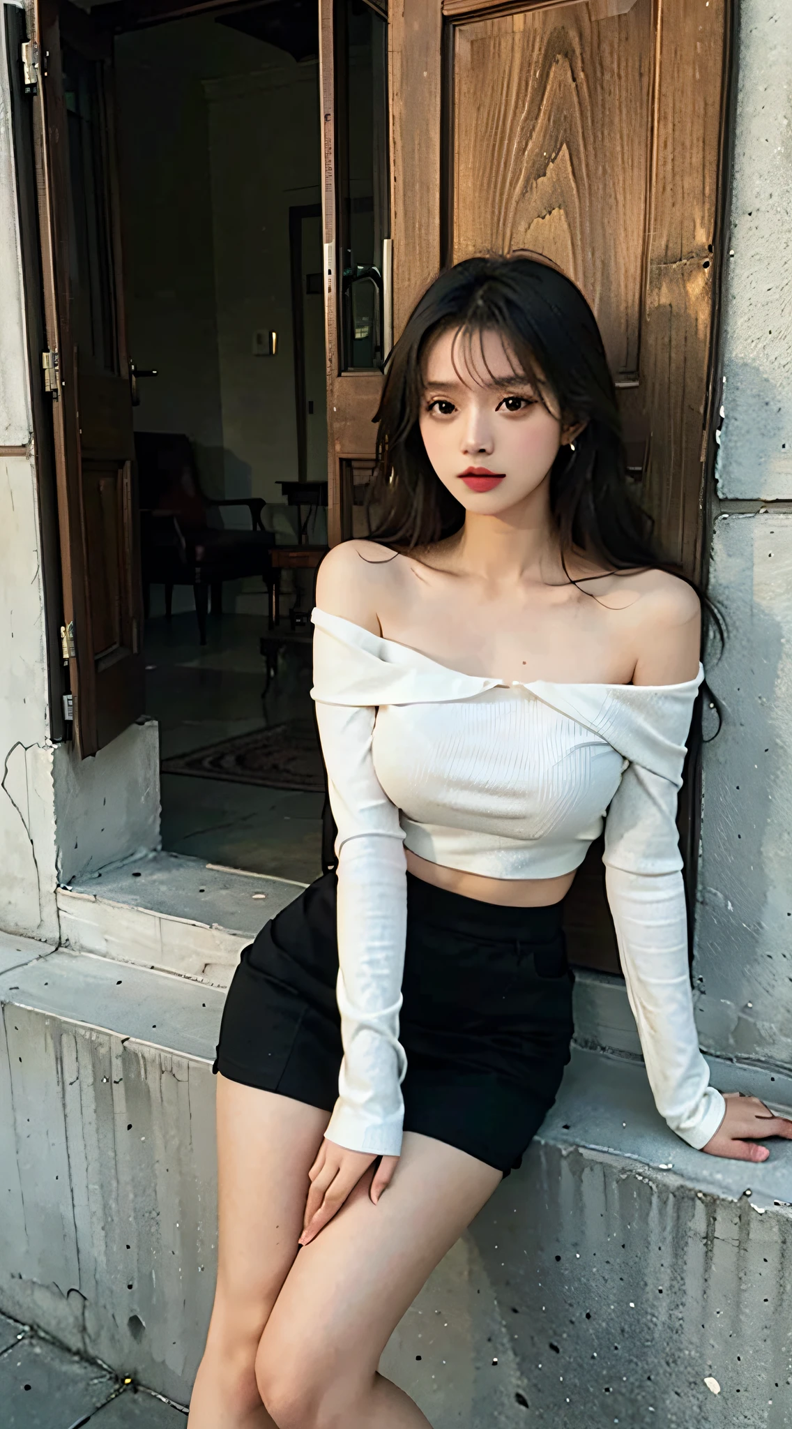 best qualtiy,tmasterpiece,k hd,1girl,slimfigure,Raised sexy,Cold and glamorous,cropped shoulders,long leges,long whitr hair,Fluffy gauze skirt,hair adornments,耳Nipple Ring,high-heels,Sitting on the steps,beautiful age girl,Ethereal dreams,Beautiful goddess,Detailed scenes, Eye-catching accessories, Picturesque