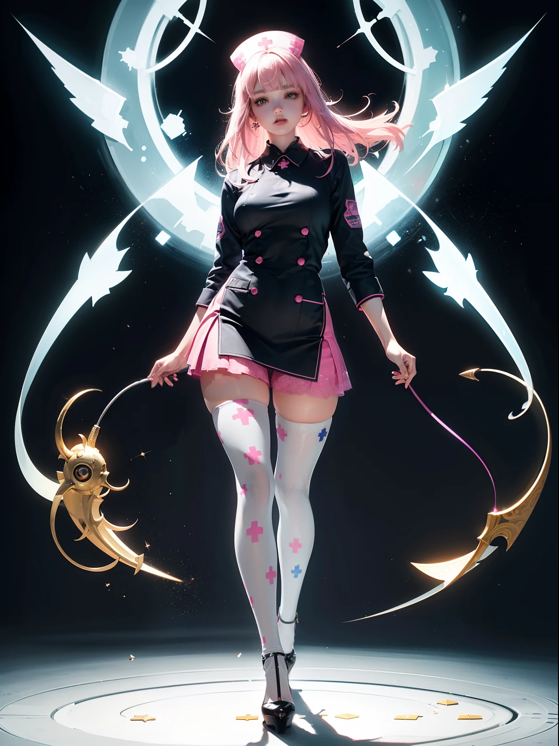 (full body:1.5),(1girl:1.3),(view the viewer:1.4),(anatomy correct:1.45),(Wear printed fantasy nurse tight and point-toe heels ,and very thick printed pantyhose :1.35), (Light particle effect:1.3),(In pink | amarelo | blue colors| green color |red colour | white colors| black in color| purpleish color| greys| Beige| Flesh color 1.4),(Glowing eyes:1.3),(Large amplitude action: 1.3),(Accurate and perfect face:1.4),hyper HD, Ray traching, reflective light,structurally correct, Award-Awarded, high detal, lightand shade contrast, Face lighting,cinmatic lighting, tmasterpiece, super detailing, high high quality, high detal, best qualityer, 16k,High contrast,