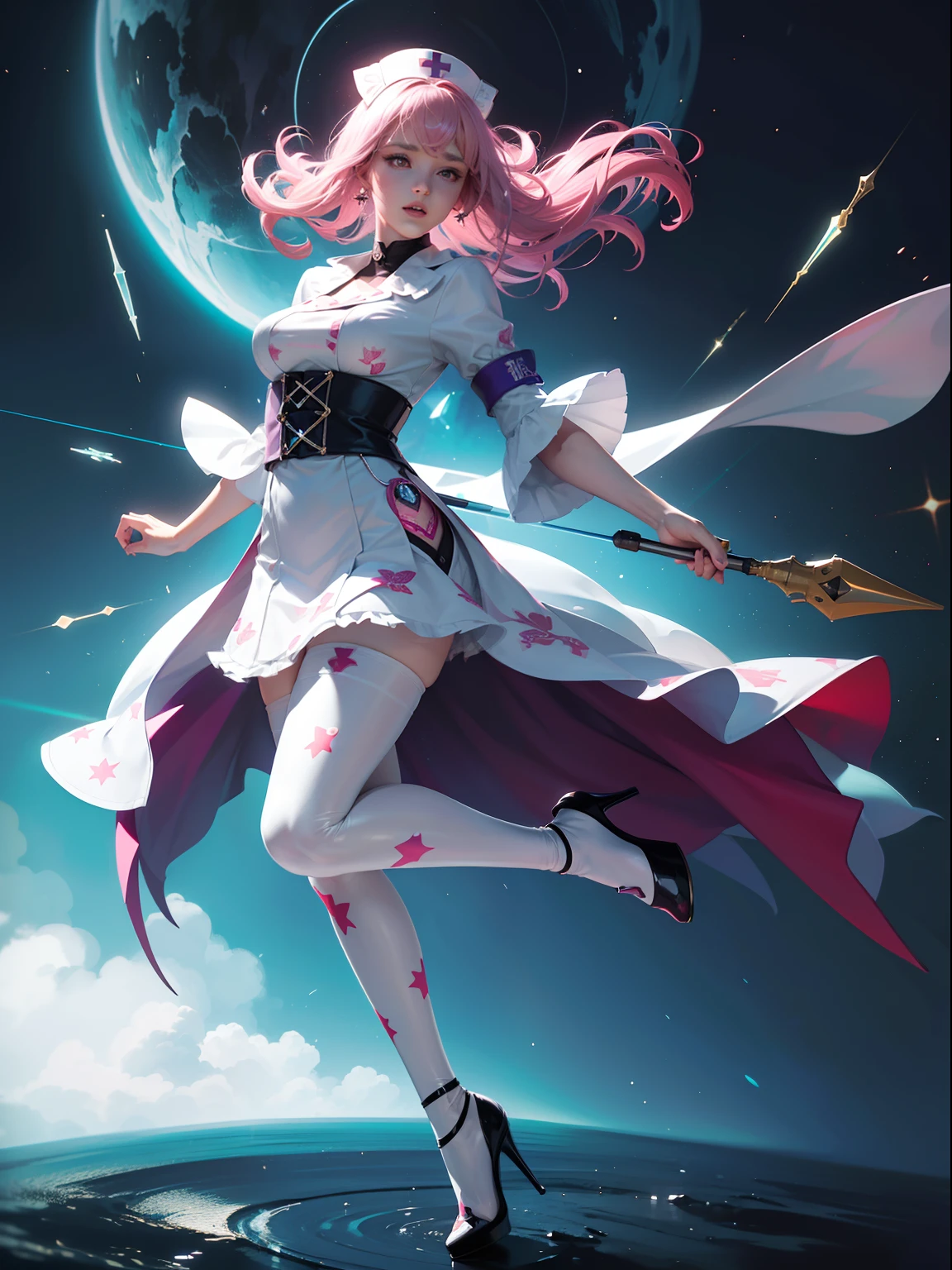 (full body:1.5),(1girl:1.3),(looking at viewer:1.4),(anatomy correct:1.3),(Wearing Printed Fantasy Nurse suit and pointed high heels ,and Very thick Printed Lolita Pantyhose :1.35), (Light particle effect:1.3),(In pink | amarelo | blue colors| green color |red colors | white colors| black in color| purpleish color| greys| Beige| Flesh color 1.4),(Glowing eyes:1.3),(Large amplitude action: 1.3),(Accurate and perfect face:1.4),(Clothing Gloss:1.25),(Skin reflection:1.25),hyper HD, Ray traching, reflective light,structurally correct, Award-Awarded, high detal, lightand shade contrast, Face lighting,cinmatic lighting, tmasterpiece, super detailing, high high quality, high detal, best qualityer, 16k,high contrast,