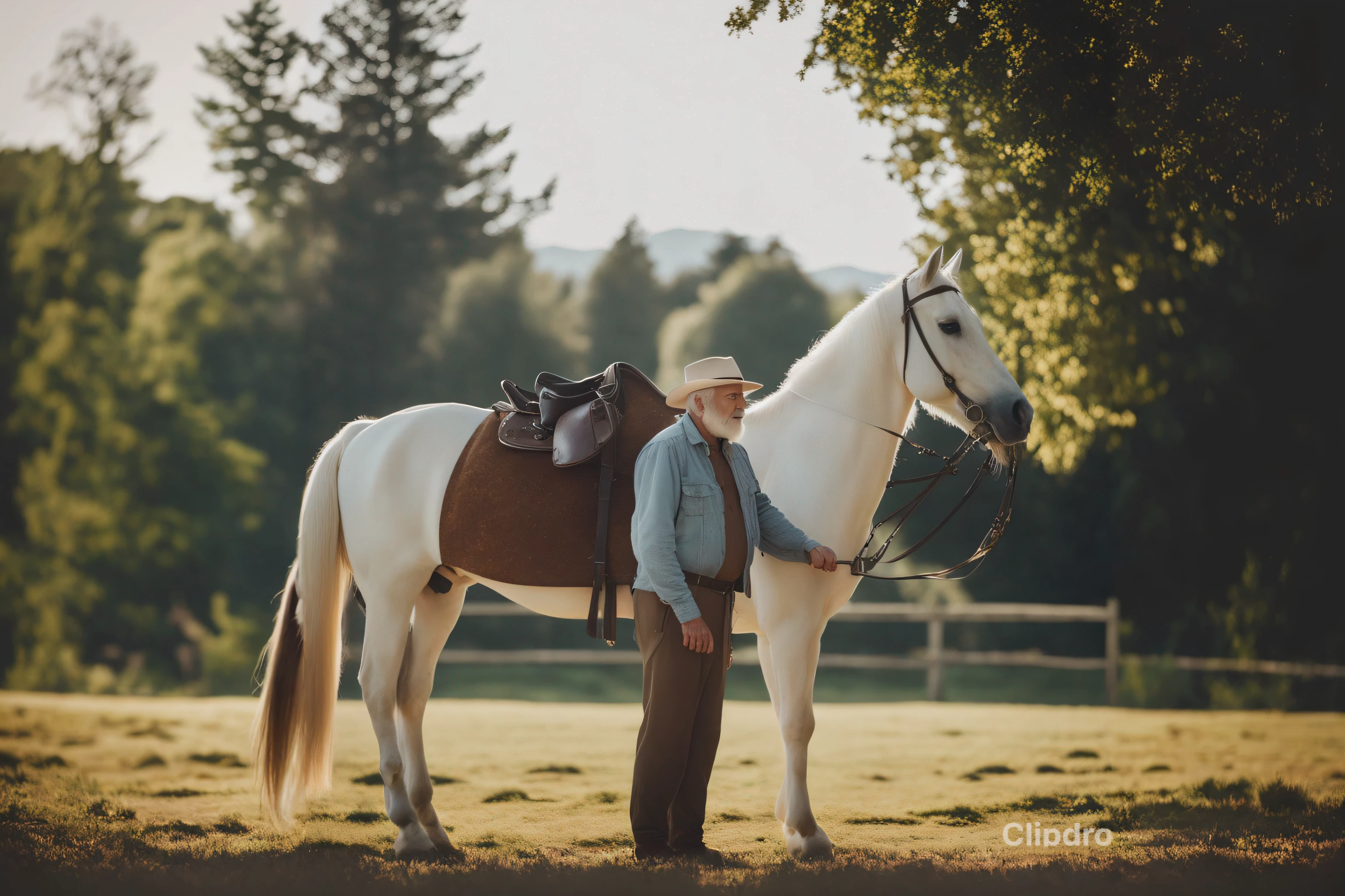 There is a man next to a white horse in a field, fotografia equina, fotografia equestre, Retrato de esconder a dor Harold, um cavalo todo branco, Fotografia equina, O cavalo e seu menino, Greg Rutkowski e Da Vinci, Foto promocional, sombreamento suave, classical portrait, fotografia editorial, Directed by: Emma Andijewska, cavaleiro