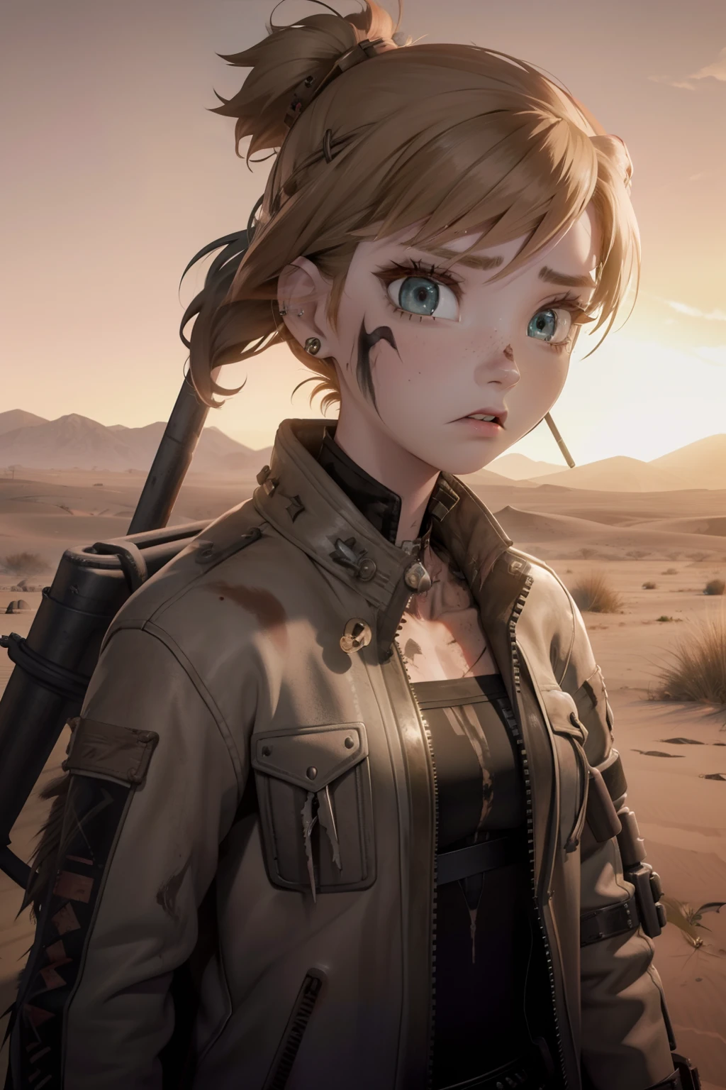 Anna, post apocalyptic, desert, mad max, scarred, Post apocalyptic desert wasteland, Mad max, ear piercing, nose ring, gothy, torn clothes, Long jacket, scarrred, scarred, scarred, bruised, beat up, scarred