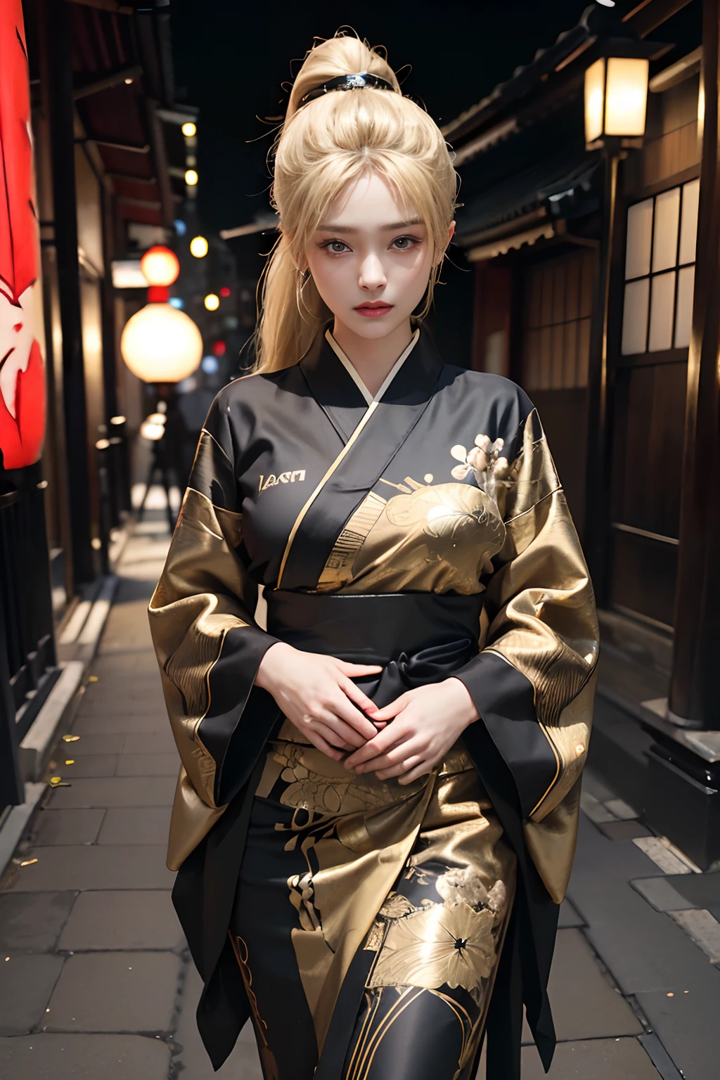 (Front Focus),(in the darkness nigth:1.6),Surrealist portraits of women by David Hockney and Alphonse Mucha,((Upper body naked))、( Exposed)、((Streets of Kyoto)),Fantasyart,((Blonde ponytail hair))、((Gold and black sexy Japan kimono))、photographrealistic,动态照明,art stations,poster for,Volumetriclighting,extra detailed face,4 k'',((Colossal tits))、Beautifully embroidered award-winning gold and black sexy Japan kimono,With diamonds,Sexy thighs,Decorated with fine embroidered dress costumes and fine jewelry,exposing the abdomen ,Chest 1 Girl, In the Dark, deepshadow, low tune, Cowboy Shot,(official clothing:1.4), The eyes are confused and seductive,legs separated
