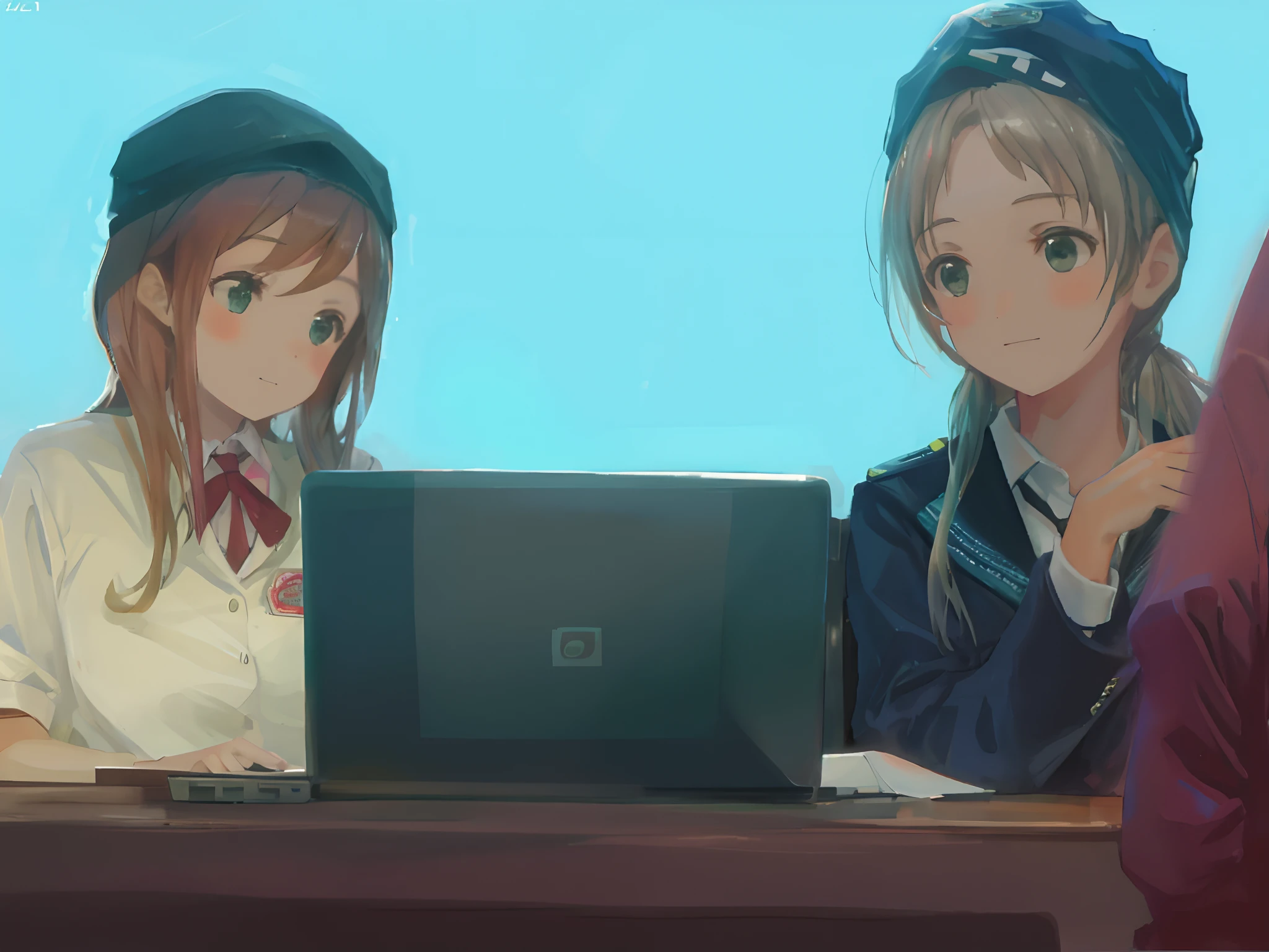 Two girls,They looked at laptop screens together in courtroom,is shy