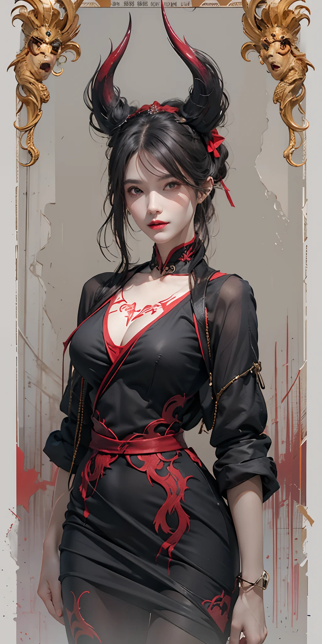 (1 beautiful devil woman from hell, In the Dark: 1.6), hips up, surreal female portrait by David Hockney and Alphonse Mucha, fantasy art, korea doll, photorealism, dynamic lighting, artstation, poster, volumetric lighting, very detailed faces, 8k ultra, Awarded, in the dark, deep shadow, low key, cowboy lens, (Red phoenix dress: 1.4), long hair, white hair, bust, luxurious palace, Royal style, devil crown, red eyes make up very sharp and detailed, The most beautiful face, The breasts are very big and round and round, Super realistic, chinese women's clothing, polo neck sweater, Charming smile, The eyes are very well made up, guweiz, devil style, wearing black mesh socks, Ponytail with a bow tied at the back of the hair, Red black lips, Devil tattoo on shoulder, wearing a thin red and black robe, the landscape is overcast and thunderous, (Portrait), Close-up of the main character, (Background details 1.8),