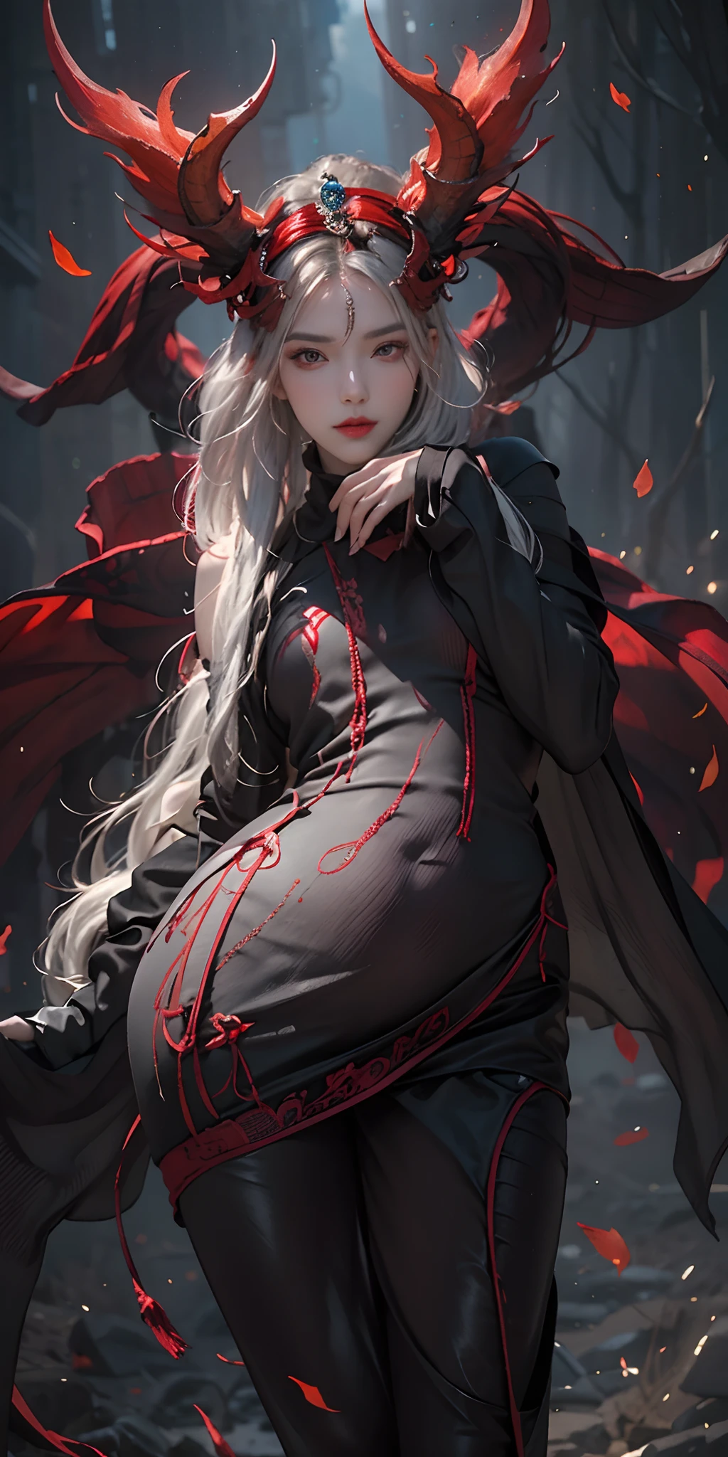 (1 beautiful devil woman from hell, In the Dark: 1.6), hips up, surreal female portrait by David Hockney and Alphonse Mucha, fantasy art, korea doll, photorealism, dynamic lighting, artstation, poster, volumetric lighting, very detailed faces, 8k ultra, Awarded, in the dark, deep shadow, low key, cowboy lens, (Red phoenix dress: 1.4), long hair, white hair, bust, luxurious palace, Royal style, devil crown, red eyes make up very sharp and detailed, The most beautiful face, The breasts are very big and round and round, Super realistic, chinese women's clothing, polo neck sweater, Charming smile, The eyes are very well made up, guweiz, devil style, wearing black mesh socks, Ponytail with a bow tied at the back of the hair, Red black lips, Devil tattoo on shoulder, wearing a thin red and black robe, the landscape is overcast and thunderous, (Portrait), Close-up of the main character, (Background details 1.8),