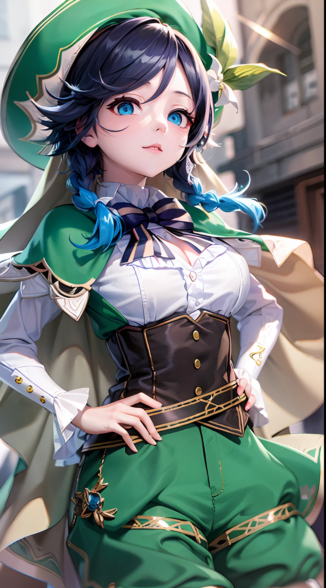 tmasterpiece,best qualtiy,1girll,(cleavage:1.5),(both hands on hip:1.5),malefocus,Venti(Genshin Impact),lyre,brunette color hair,bucket-hat,ssmile,pigtails,(Superskirt),longer sleeves,Double up braid,Gradient hair,O cabelo multicolorido,music instrument,lacepantyhose,visions(Genshin Impact),the bow,shorter pants,Blue hair,green headwear,beret,White panty hose,green shorts,collared cape,By bangs,The shirt,jewely,looking at viewert,white shirt,corsage,cloaks,hermaphroditism,frilled sleeves,frilld,Big breasts corset,Short and long hair,(greybackground:1.4),(kbxll:0.6)