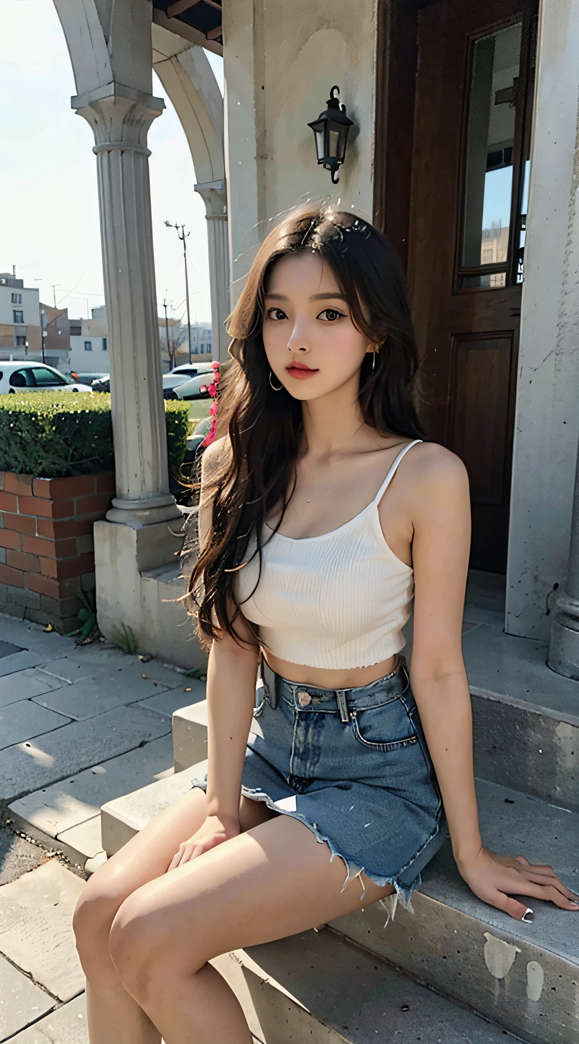 best qualtiy，tmasterpiece，k hd，1girl，slimfigure，Raised sexy，Cold and glamorous，cropped shoulders，long leges，long whitr hair，Fluffy gauze skirt，hair adornments，耳Nipple Ring，high-heels，Sitting on the steps，beautiful teenage girl，Ethereal dreams，Beautiful goddess，Detailed scenes, Eye-catching accessories, Picturesque