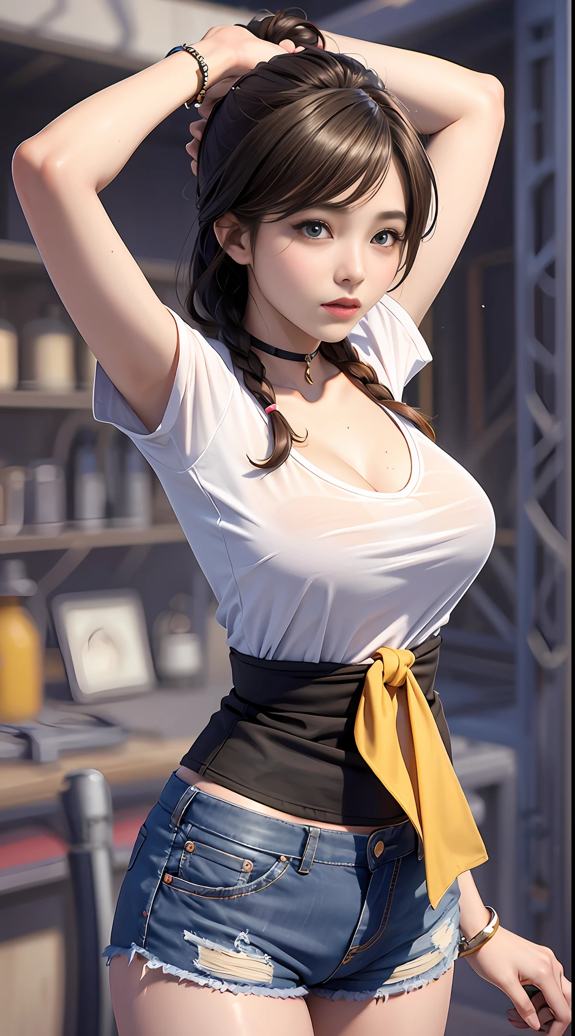 suntanned skin, medium of sakslh, a woman with black hair and green eyes in a white shirt, ((((grey shorts))), (((boob curtains))), (((gray skintight top under boob curtain))), (((Hilariously))), Tomboyish, sport, 8k, Unreal Engine 5, rendering by octane, by kyun, gamang, Yoon Gon-Ji, g.ho, gosonjak, shuroop, Graves, domi, noah, Popular in pixiv, fanbox, skeb, tmasterpiece, 详细的脸, smooth soft skin,Fantastic Big Eyes,beautiful intricate colored hair,对称,large anime eyes,gentlesoftlighting,concept-art,digitial painting,
信息