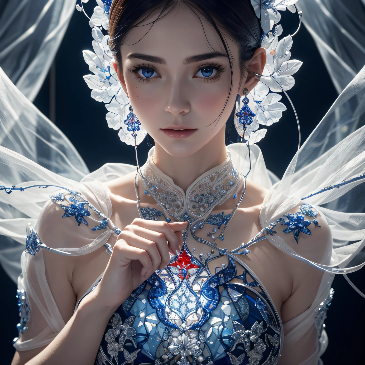 Close-up photo of woman in glass, intricate detailes, White background, Transparent body, Visible veins, wires, Highly detailed, Head, Upper body, Breathtaking, foco nítido,Glass Art、red and blue、intricate detailes、Terrible、The most beautiful forms of chaos like glasswork、Delicate、fleeting、Magnificent scale