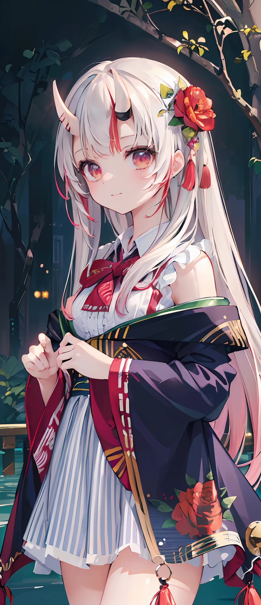 (masterpiece:1.21), (best quality:1.331), (ultra-detailed), (extremely best illustration), ((amazing)), (hyper quality), gorgeous and rich graphics, (extremely beautiful and beautiful:1.21), 8k, wallpaper, (beautiful lighting), bright light, detailed composition, ( Perfect Composition), (Extremely Beautiful Detailed Background:1.21), nakiri ayame, ayamecasual, looking at viewer, cowboy shot, smiling, night city background,