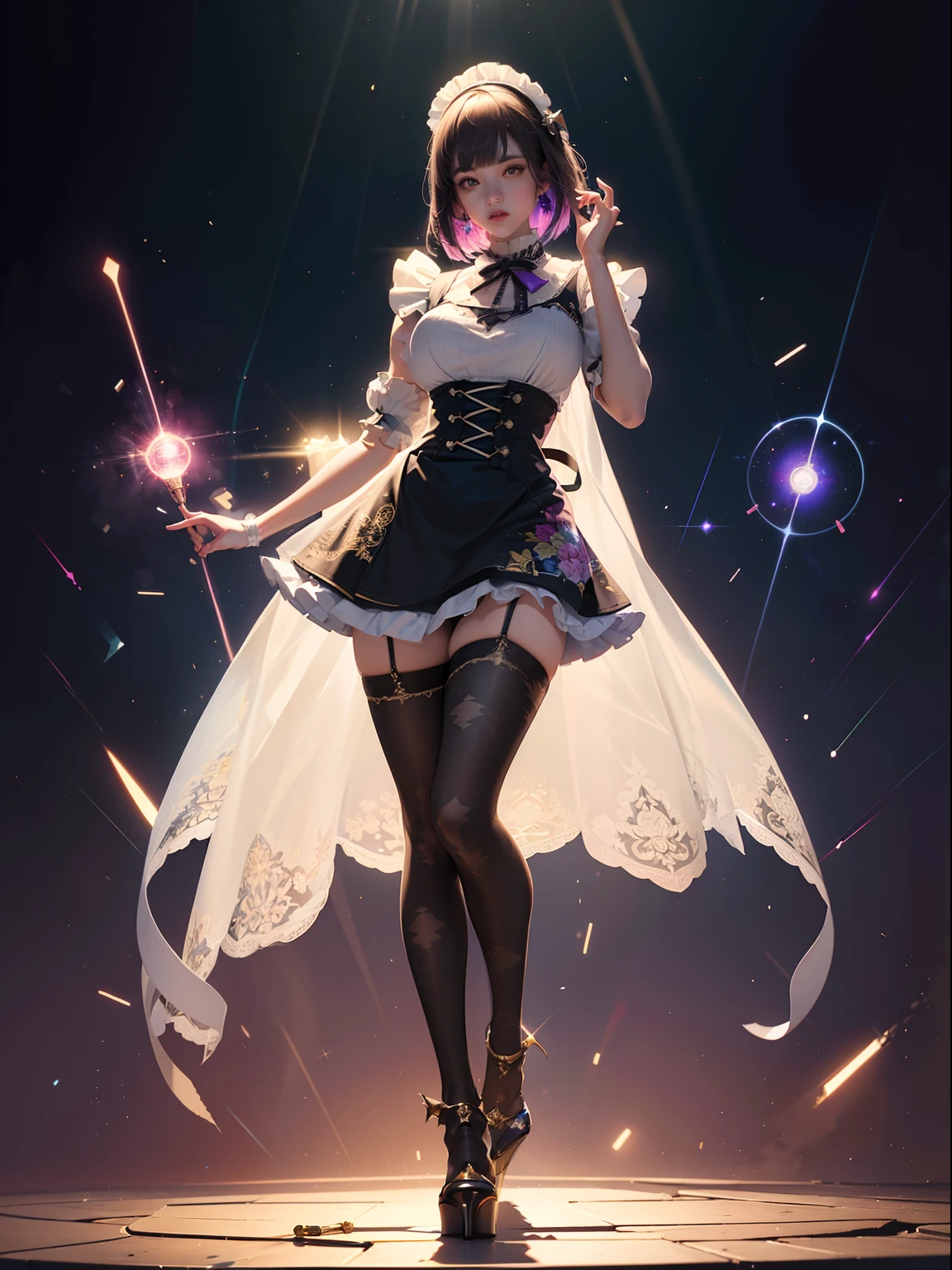 (full body:1.5)，(1girl:1.3),(looking at viewer:1.4)，(anatomy correct:1.3),(Wearing Printed Fantasy maid suit and pointed high heels ，and Very thick Printed Lolita Pantyhose :1.35), (Light particle effect:1.3),(In pink | amarelo | blue colors| green color |red colors | white colors| black in color| purpleish color| greys| Beige| Flesh color 1.4)，(Glowing eyes:1.3),(Large amplitude action: 1.3)，(Accurate and perfect face:1.4),(Clothing Gloss:1.25),(Skin reflection:1.25),hyper HD, Ray traching, reflective light，structurally correct, Award-Awarded, high detal, lightand shade contrast, Face lighting，cinmatic lighting, tmasterpiece, super detailing, high high quality, high detal, best qualityer, 16k，high contrast,