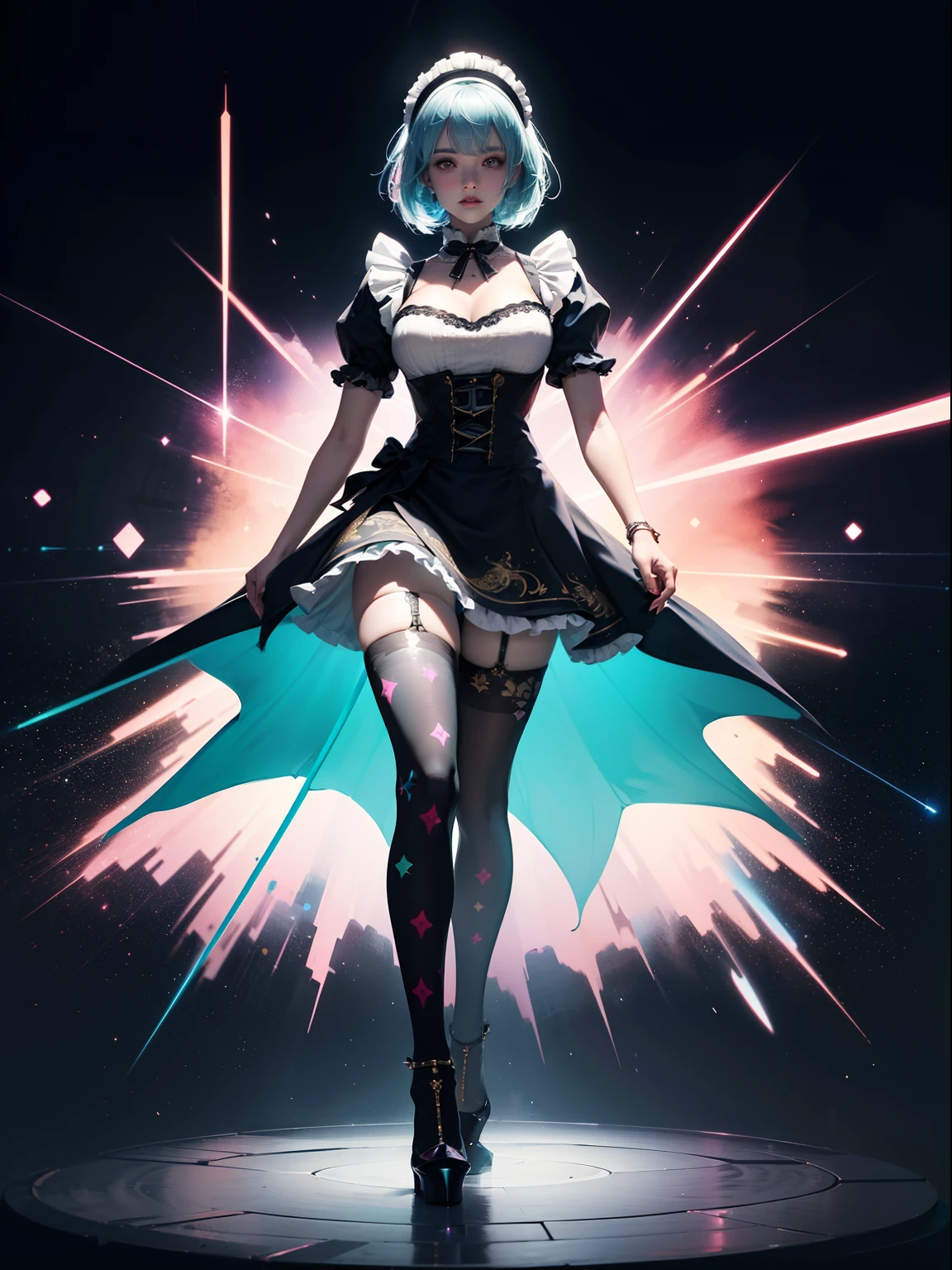 (full body:1.5)，(1girl:1.3),(looking at viewer:1.4)，(anatomy correct:1.3),(Wearing Printed Fantasy maid suit and pointed high heels ，and Very thick Printed Lolita Pantyhose :1.35), (Light particle effect:1.3),(In pink | amarelo | blue colors| green color |red colors | white colors| black in color| purpleish color| greys| Beige| Flesh color 1.4)，(Glowing eyes:1.3),(Large amplitude action: 1.3)，(Accurate and perfect face:1.4),(Clothing Gloss:1.25),(Skin reflection:1.25),hyper HD, Ray traching, reflective light，structurally correct, Award-Awarded, high detal, lightand shade contrast, Face lighting，cinmatic lighting, tmasterpiece, super detailing, high high quality, high detal, best qualityer, 16k，high contrast,