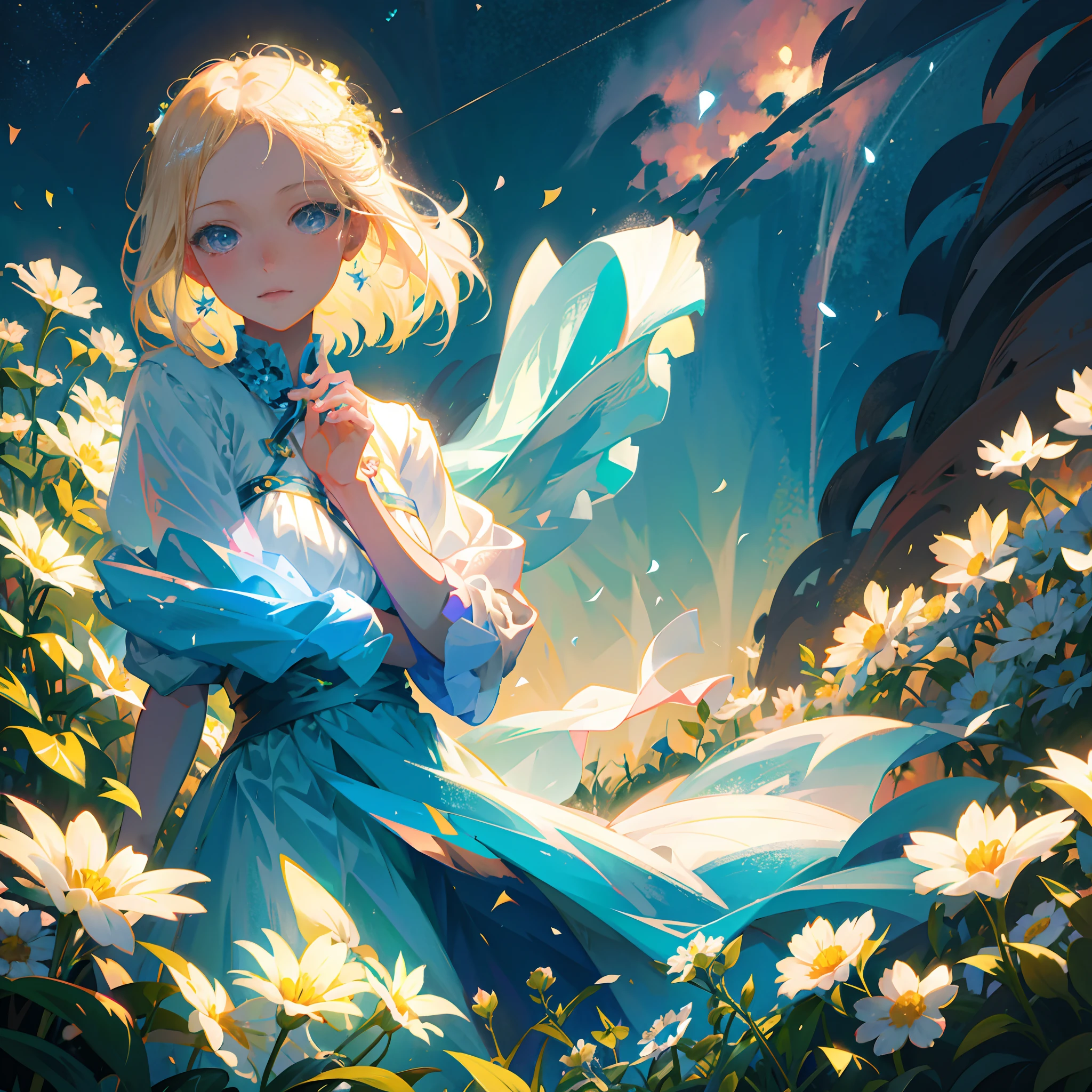 anime girl in a blue dress standing in a field of flowers, Artgerm and Atey Ghailan, Anime fantasy illustration, Alice X. zhang, Beautiful digital illustration, A beautiful artwork illustration, Fantasy art style, Beautiful digital artwork, Ross Tran 8 K, inspired by Ross Tran, Alphonse mucha and rossdraws, Ross Tran style, In the style of Ross Tran