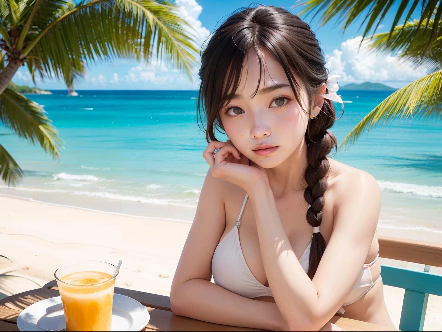 Beach Cafe、a white bikini、Palau、girl with、25-years old、Braids、Brown hair、Tropical juices