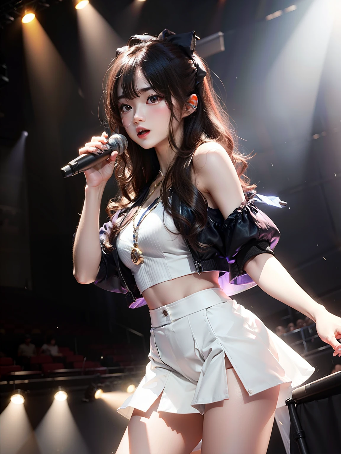majicMIX Real、((Nogizaka46 A girl is singing))、(Raw photography:1.2)、(Photorealsitic)、(Beautiful Detail Beauty Japan Nogizaka 46 Costume)、(skirt by the)、drooing eyes(Light brown eyes)、facial expression of smile、extremely detailed eye and face、(Beautiful detailed drooping eyes)、huge filesize、ultra-detailliert、hight resolution、ighly detailed、top-quality、masterpiece、((Nogizaka46's stage costume:1.3))、pantiy、ighly detailed、 8k wallpaper、((Nogizaka46's navel stage costume that showed her big cleavage))、(Skirt Lift Up)、finely detail、Light on the Face、电影灯光、20 years girl、Panchira、(On stage in a music program))、((Colossal tits))、Delicate figure、Very small buttocks、Very thin constriction:1,3、small ass:1.3、(Shot from a distance)、Shot from a small distance so small that the subject looks smaller)、(Reflective pose singing with microphone)、(posterior view)、pantiy、(Shooting from behind)、((up skirt))、((Skirt that rolls up))、((Kneeling:1.3))、pantiy、