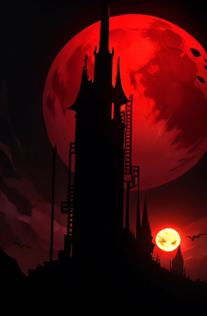 Red Moon Cthulhu Evil God Mecha,tall house,Illuminated red moon and blue sun,Dragons,scream