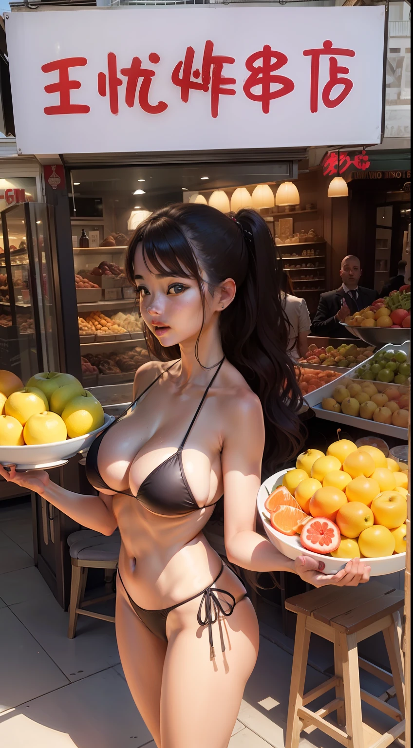 Crowded，Bikini female big breast waiter holding a fruit bowl