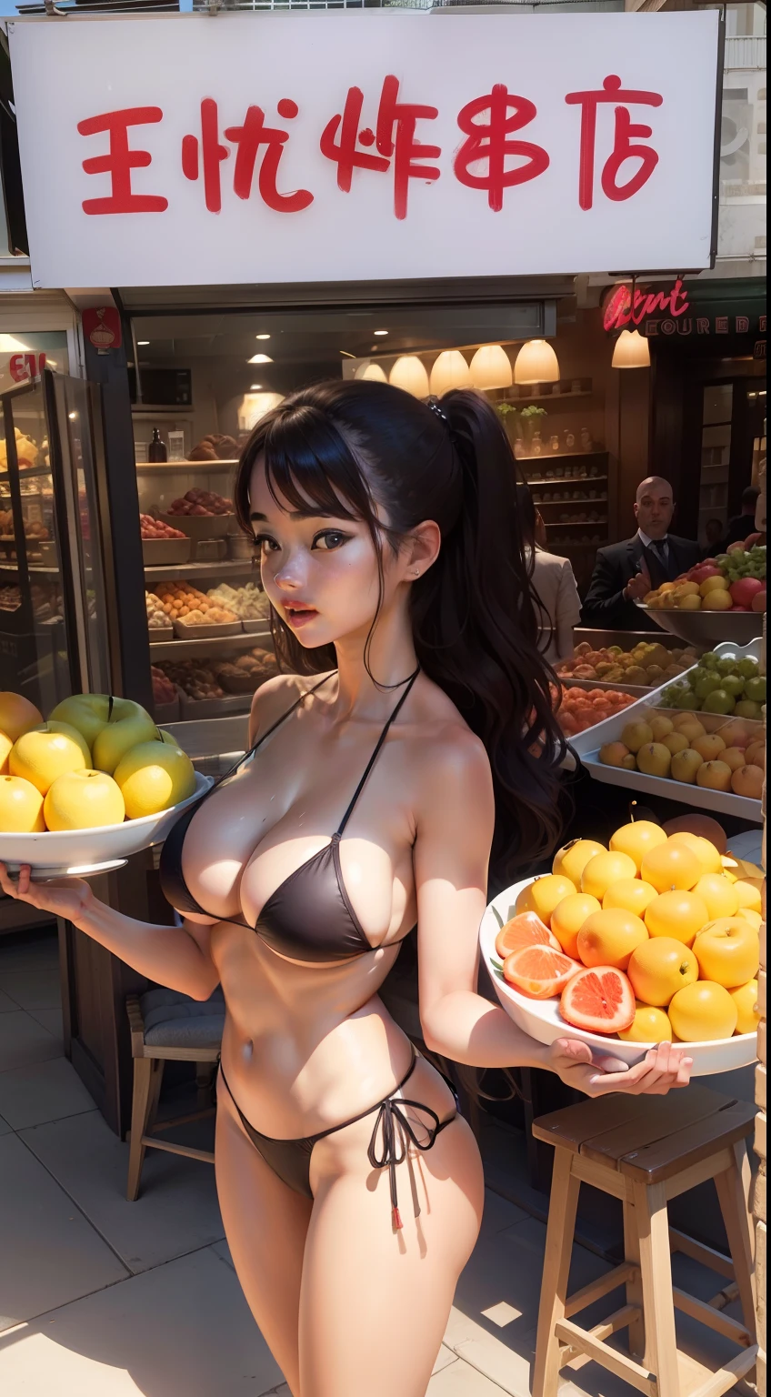 Crowded,Bikini female big breast waiter holding a fruit bowl