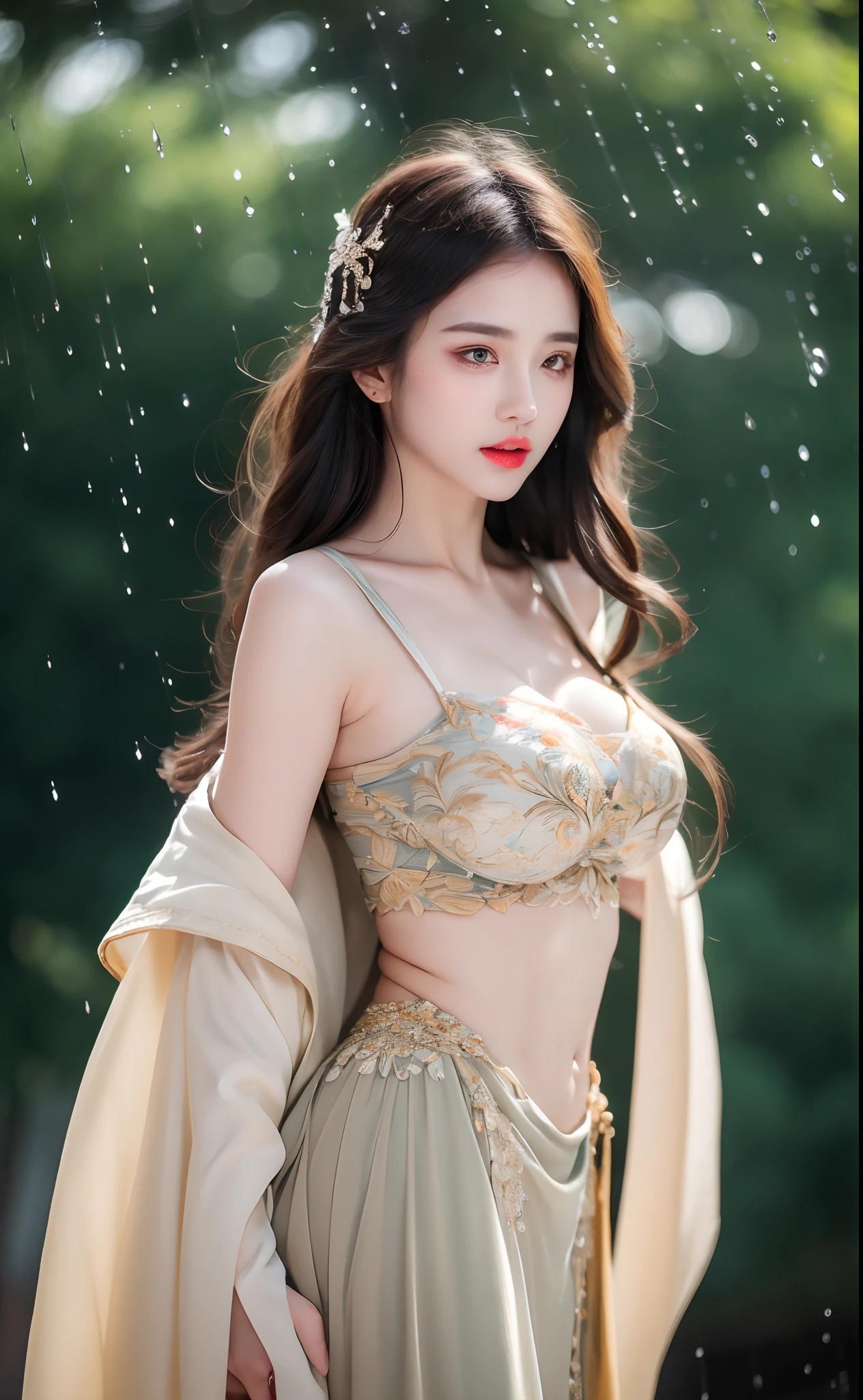 ((Best Quality, 8k, Masterpiece: 1.3)), Focus: 1.2, Perfect Body Beauty: 1.4, Buttocks: 1.2, ((Layered Haircut)), (Wet Clothes: 1.1), (Rain, Street:1.3), (Breasts: 1.2), (Hanfu: 1.2), Bare Shoulders, Bare Legs, Highly Detailed Face and Skin Texture, Fine Eyes, Double Eyelids, Whitened Skin, Long Hair, (Shut Up: 1.5), (Bokeh Background: 1.5), Big Breasts