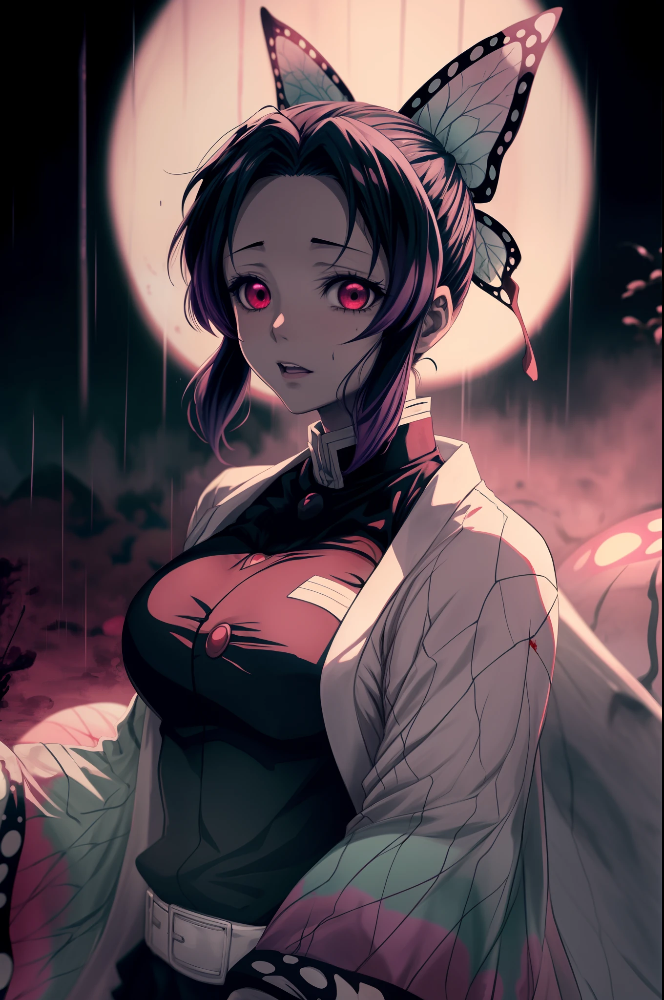 "Dark anime wallpapers featuring Shinobu Kocho from the anime Demon Slayer. Psychedelic vibes, blood, eerie atmosphere, red eyes, terrifying, rain, 4k resolution."