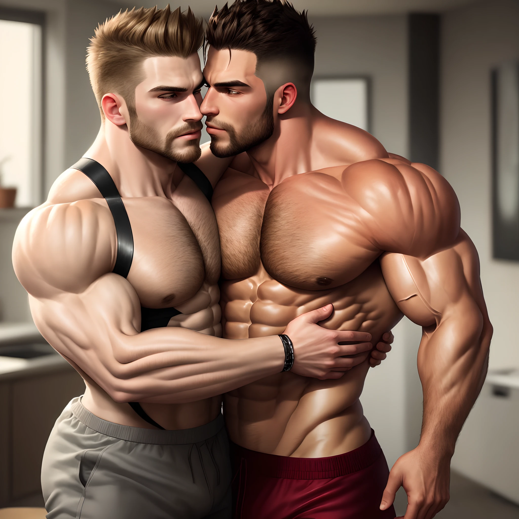 Two muscular men,sbeard,hugs,chest muscle,kiss