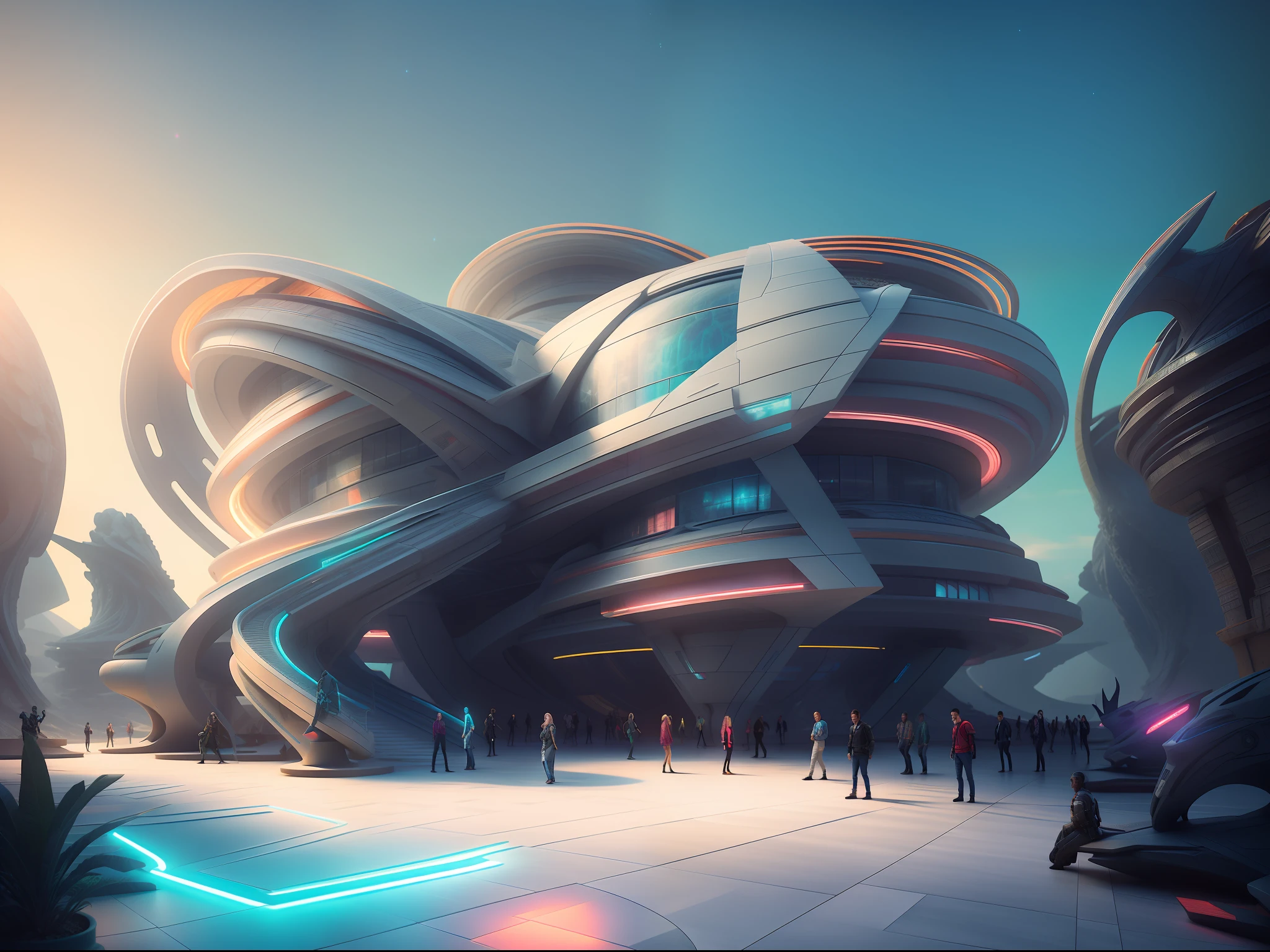 Arafeld architecture，Curved roof and stairs to the second floor, futuristic palace, futuristic architecture concept, detailed futuristic architecture, Futuristic architecture, futuristic architectural art,  in a futuristic desert palace, Ultra-futuristic architecture, surreal sci fi architecture, There is a lot of neon light，The time is evening，There is a night effect，The effect at night is intense