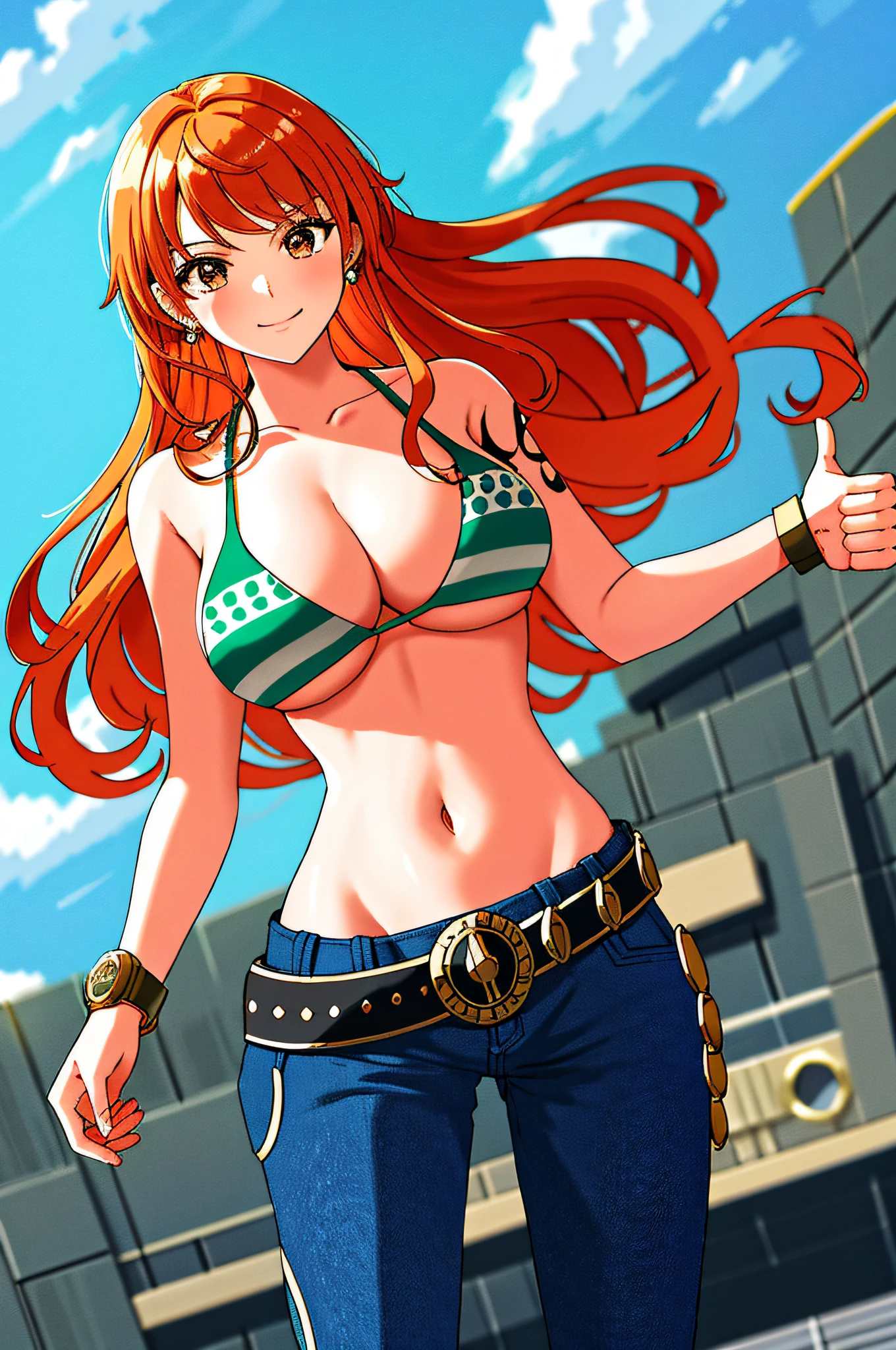 detailed background, masterpiece, best quality, 1girl, solo, nami \(one piece\), 1girl, bangle, bangs, bare shoulders, belt, bikini, bikini top only, blue sky, bracelet, breasts, brown eyes, bubble, cleavage, cloud, cowboy shot, day, denim, earrings, floating hair, green belt, green bikini, groin, jeans, jewelry, large breasts, log pose, long hair, looking at viewer, navel, orange hair, pants, shoulder tattoo, sidelocks, sky, smile, solo, standing, stomach, swimsuit, tattoo , looking at viewer, ((Thumbs up)),