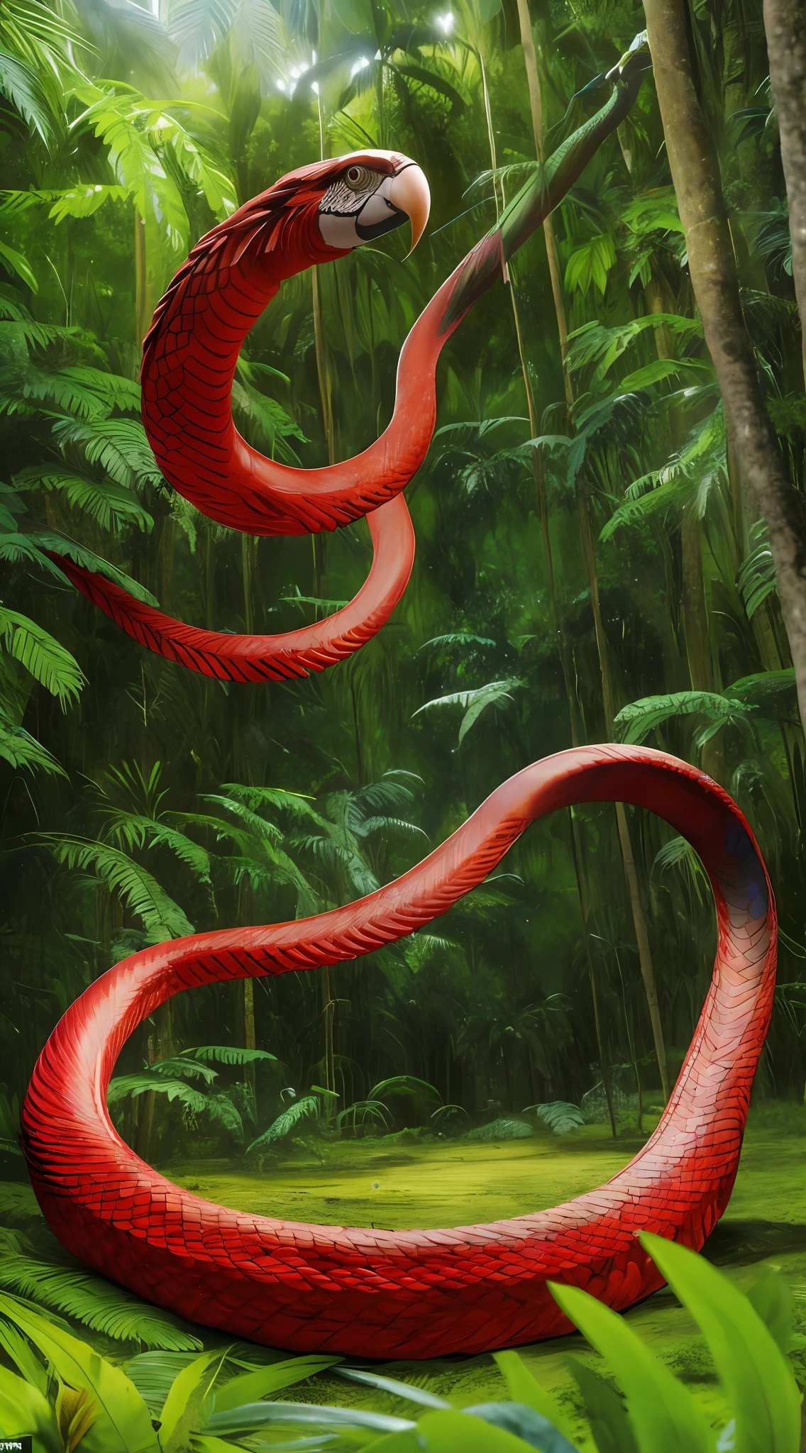 Cobra imensa, 30 metros de comprimento, with the body of a snake and the head of a parrot, duas garras para patas, feathers on the back to the tail, On the ground among Amazonian trees. imagem hiperrealista