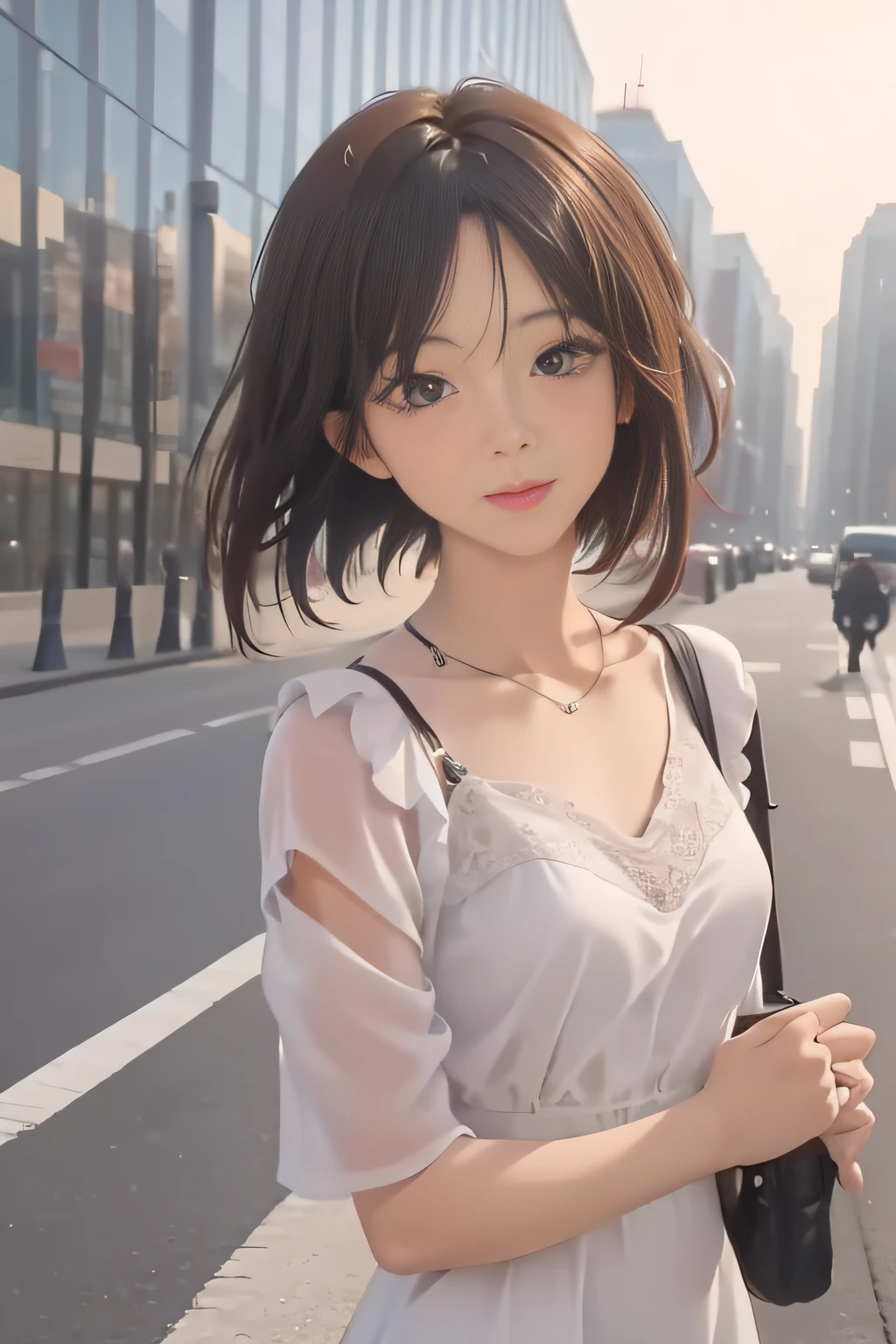 ((best qualtiy,8k,tmasterpiece:1.3)),focal:1.2,Perfect beauty:1.4,glute:1.2,((Cut hair in layers,Ordinary chest:1.2)),JK dress:1.1,Highly Detailed Face and Skin Textur,Detailed eyes,二重まぶた,Whitens the skin,long whitr hair,(with a round face:1.5)