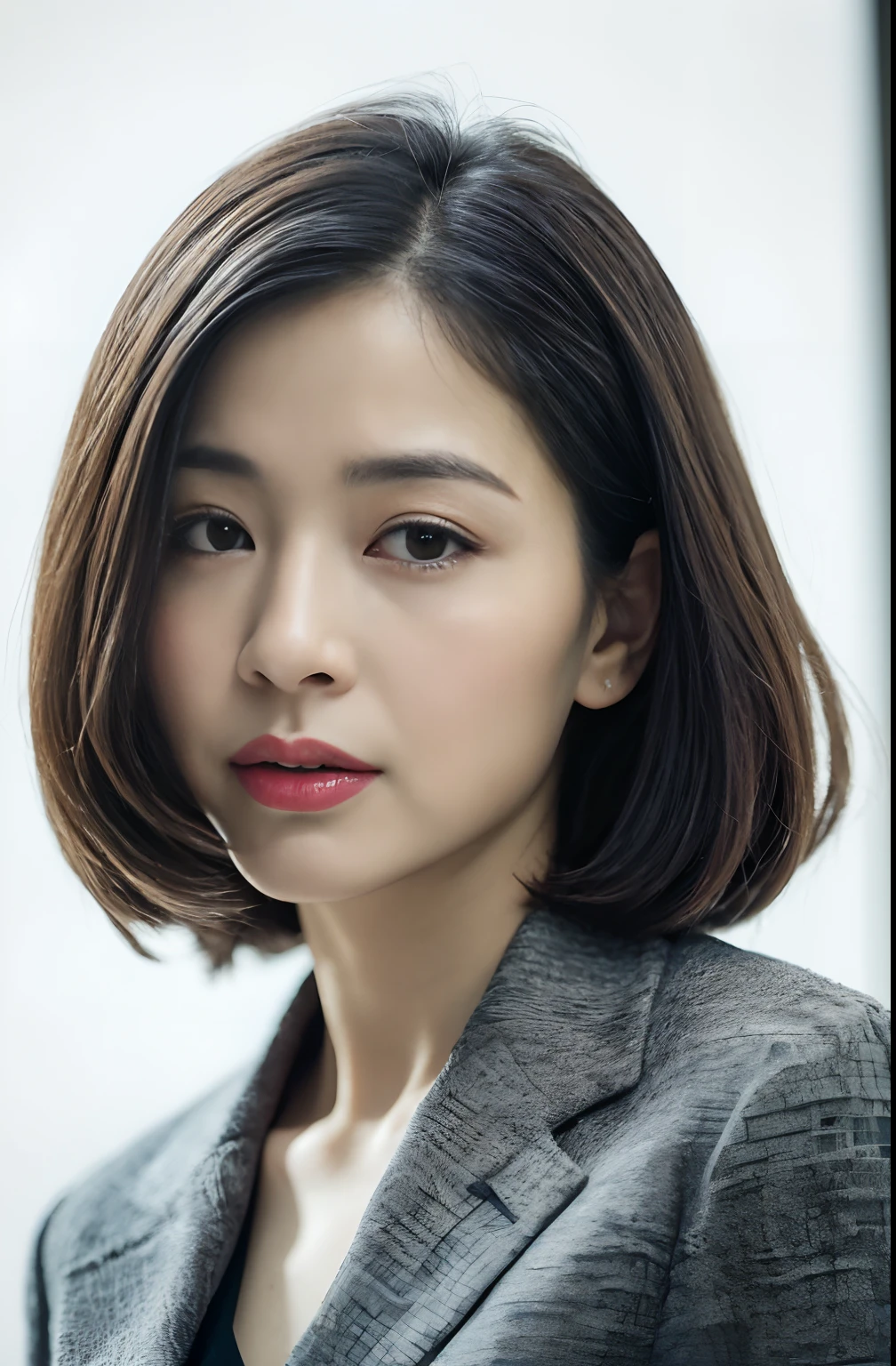 ((Best Quality, 8k, Masterpiece, masterpiece,best quality)), glare, (1 milf), ((from below:1, close up:0.5, Looking at Viewer)), short hair, gray blazer, white shirt, double eyelid, eyelash, lip gloss, (seductive expression:1.5), ((close eyes:0.85)), ((Straight Looking at Viewer)), RAW, nobody office,