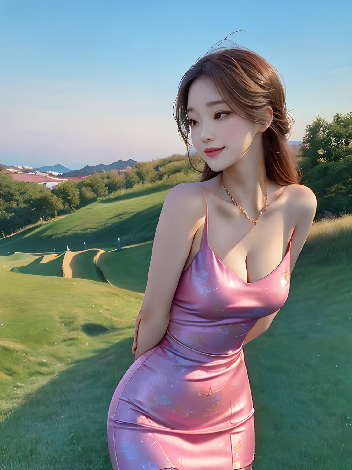 tmasterpiece，high qulity，8k wallpaper，An elegant woman，Beautiful face，ssmile，light make-up，Clavicle chain，，Sexy buttocks，posterior view，Tight print white dress，accentuate figure，Grass background，baiyun，blue-sky，Epic-level graphics