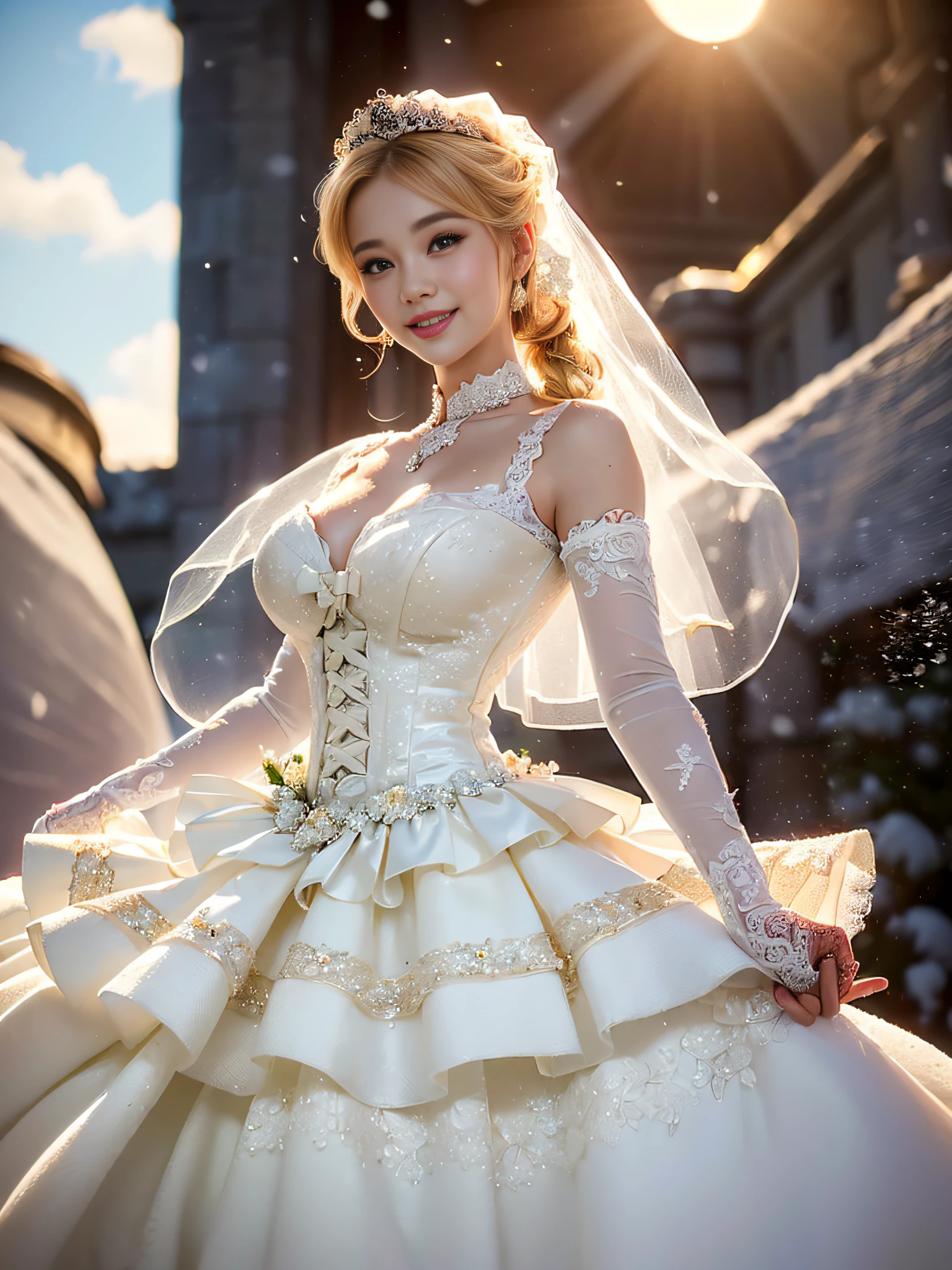 (High definition CG Unity 16k wallpaper), (​masterpiece),(top-quality), (Best Detail), (Best Illustration), (Best Shadow), (Realism:1.5), Realistic human skin,  (ultra-detailliert),+++(((1 Asian ,独奏:1.5)))+++ ,(Very beautiful blonde chignon hair:1.5)、 (Shiny blonde hair:1.5)、(beautifull detailed face)、(beatiful detailed eyes)、((​masterpiece:1.4、top-quality))、((​masterpiece、top-quality))、(photographrealistic:1.4)、(Japanese Idol、Japanese actressl:1.5)、(perfect anatomia、Correct anatomy、perfectly proportions、face perfect、perfect hand、perfect leg、Perfect fingers、 perfect hand、Perfect mouth、Perfect lips,a small face:1.5)、(Happy smiling face:1.4)、(extremely detailed eye and face),(Incredibly beautiful face、Very cute)、(big eye)、 (impossibly thin waist:1.5), (incredibly huge breasts that are completely soft:1.5)、(Realistic background、Blue sky seen from below、Sun from below、Flower Garden:1.5),(Large crowds:1.5)、(1 Japan gal in voluminous full-length hoop skirt and gorgeous wedding dress:1.5),((Very gorgeous and snow-white wedding dress with a voluminous full-length hoop skirt:1.5))、(gorgeous embroidery and lace),Gorgeous corsage,See-through,(Very gorgeous Lolita hair ornament)),Tiara adorned with glitter and very gorgeous jewels,(hoop skirt,crinoline)、