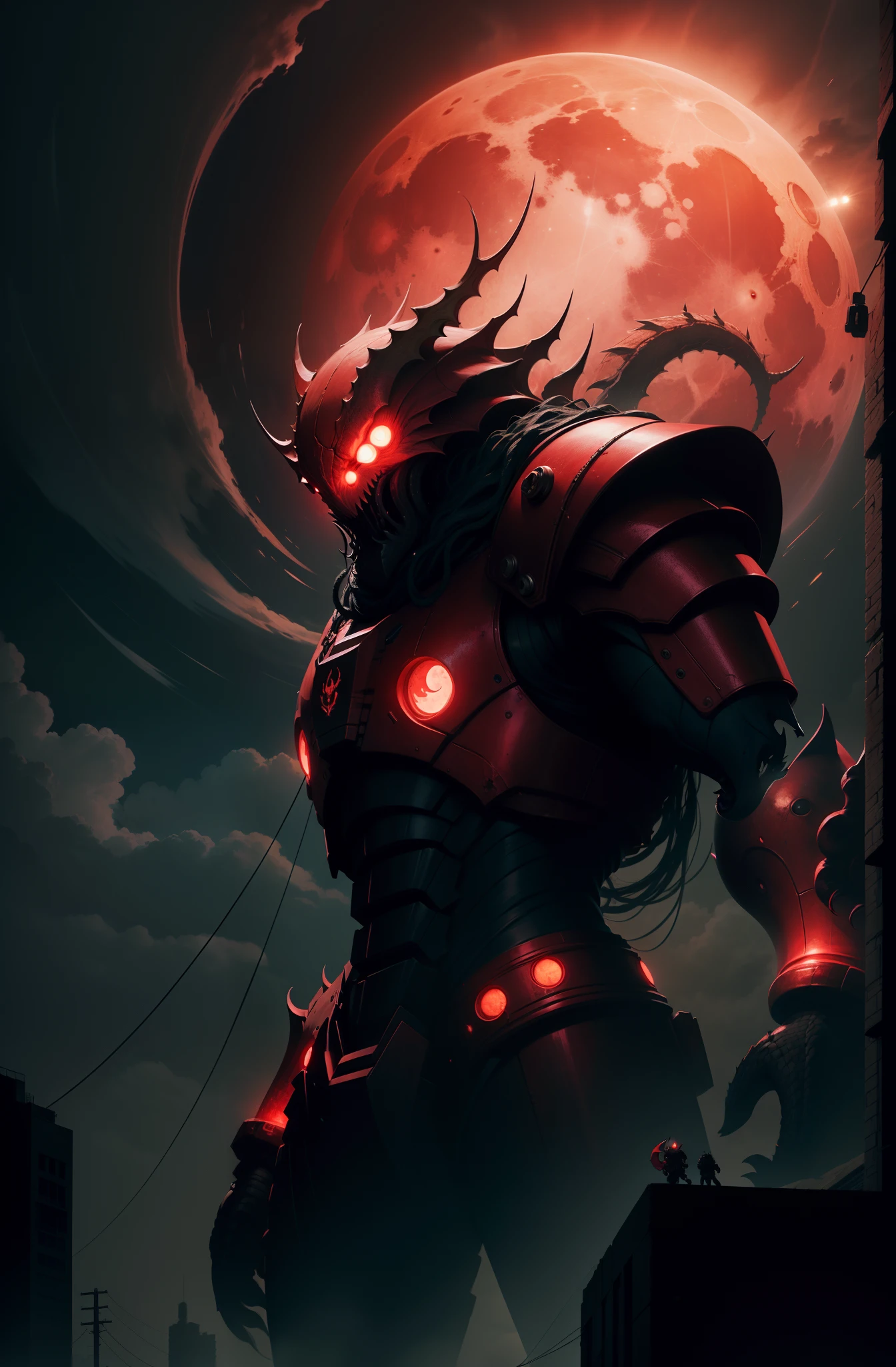 The red moon hangs high in the sky，The Cthulhu god awakens in a corner of the world，Mecha saves the world，Buildings，The lights are bright, The red moon and blue sun shine together with the dragon