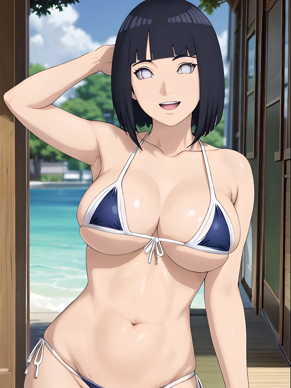 (masterpiece, 1k, anime style:1.9, (detailed anime background, big breats, open mouth, high color saturation, bold drawing lines, detailed bold arm lines), strong arms, strong light on body, plain, bare body, (large breats), minimum clothing, taking off shirt, bare shoulders, sand on body, polished nails, seductive, very tight pure white micro bikini, no shirt, showing off), hinata\(boruto\), mature female, sunbathing, milf, (curvy:0.8), solo, (short hair, hime cut, wavy hair), (dark blue hair color:1.1), white, flat belly, perfect eyes, anime eyes, smoky eyeliner, eyeshadow, perfect face, shy, sharp focus, professional artwork, intricate details, colorful, vibrant colors, vivid colors, digital blending, ultra detailed body, ultra detail hair, ultra detail face, trending on pixiv, smile, happy, very hot colors, sunny day, outdoor,