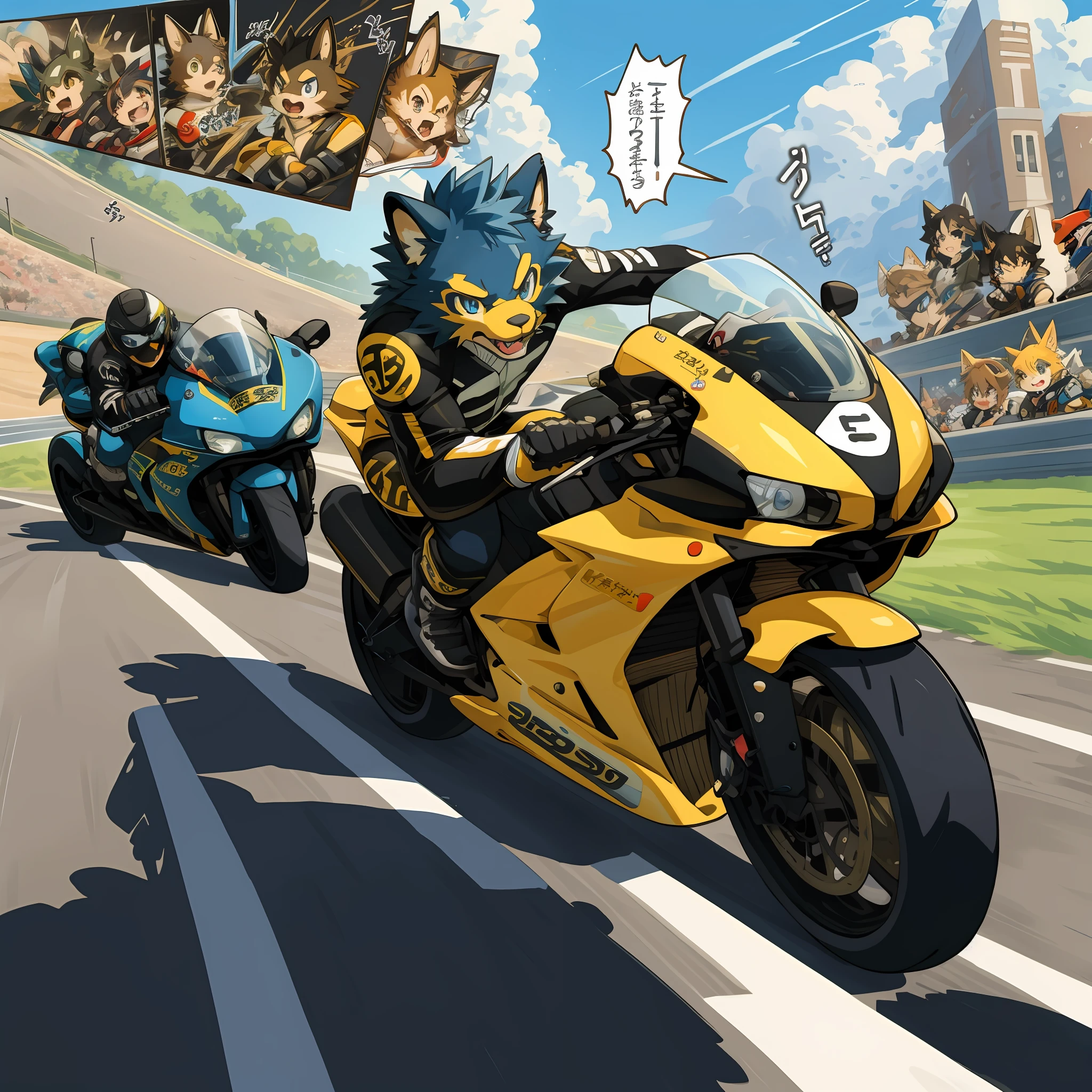 top quality, best quality, High-quality illustrations, masterpiece, super high resolution, detailed background, motorcycle, racing, 6+boys, 6+girls, absurdres(highly detailed beautiful face and eyes)perfect anatomy, expression, good lighting, cinematic shadow(kemono, furry anthro)assorted poses, dynamic angle,(battle manga, Bold cartoon-like panel layouts, speech balloon, Hand-drawn sound effects stickers used in manga),