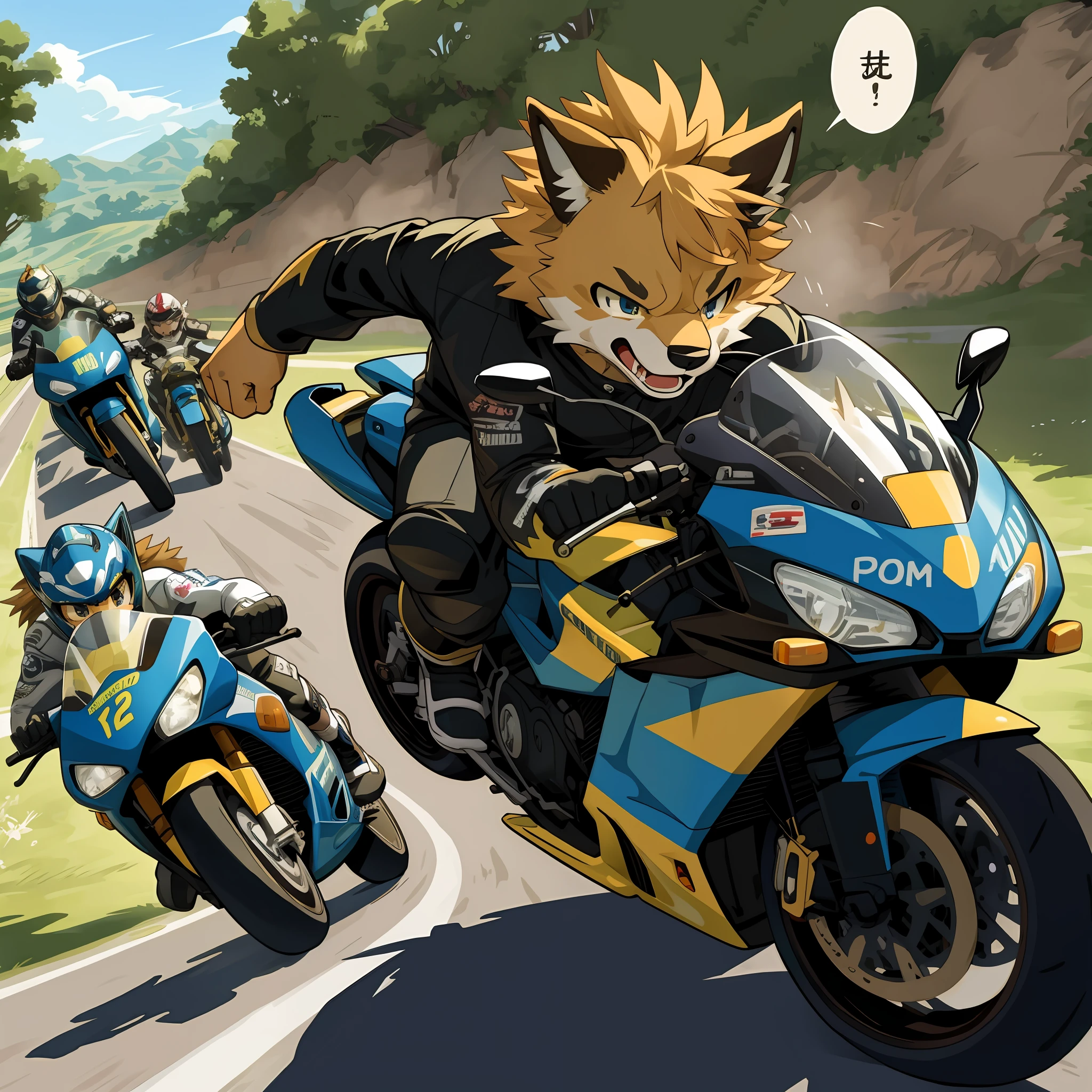 top quality, best quality, High-quality illustrations, masterpiece, super high resolution, detailed background, motorcycle, racing, 6+boys, 6+girls, absurdres(highly detailed beautiful face and eyes)perfect anatomy, expression, good lighting, cinematic shadow(kemono, furry anthro)assorted poses, dynamic angle,(battle manga, Bold cartoon-like panel layouts, speech balloon, Hand-drawn sound effects stickers used in manga),