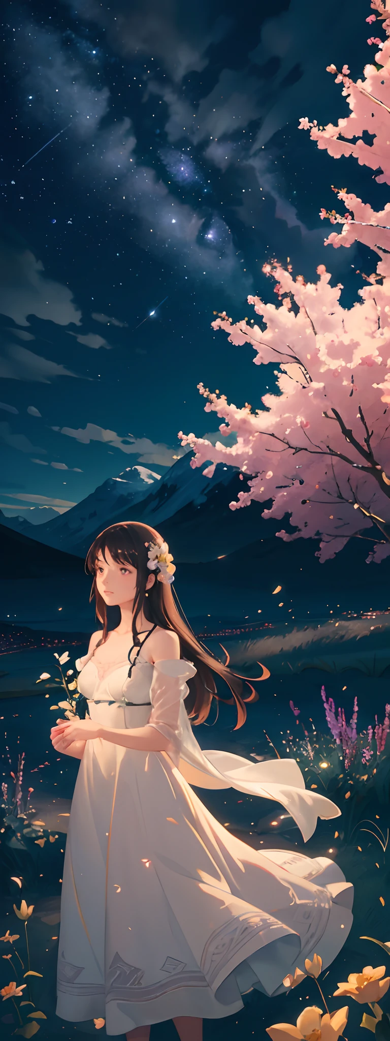 photograph of a vast landscape with a clear sky and an open field, a young woman in a white dress standing on a flower field and looking up at the night sky, (full moon:0.8), (shooting stars:0.7), (nebula:0.6), a distant mountain range and a lone tree on the horizon BREAK digital painting of the same scene with a warm and dreamy atmosphere, (fireflies:0.8) flying around the woman and the tree, a lamp post next to her casting a soft light, purple and orange hues dominating the color palette, intricate details on the flowers and the dress, volumetric lighting and realistic shadows BREAK