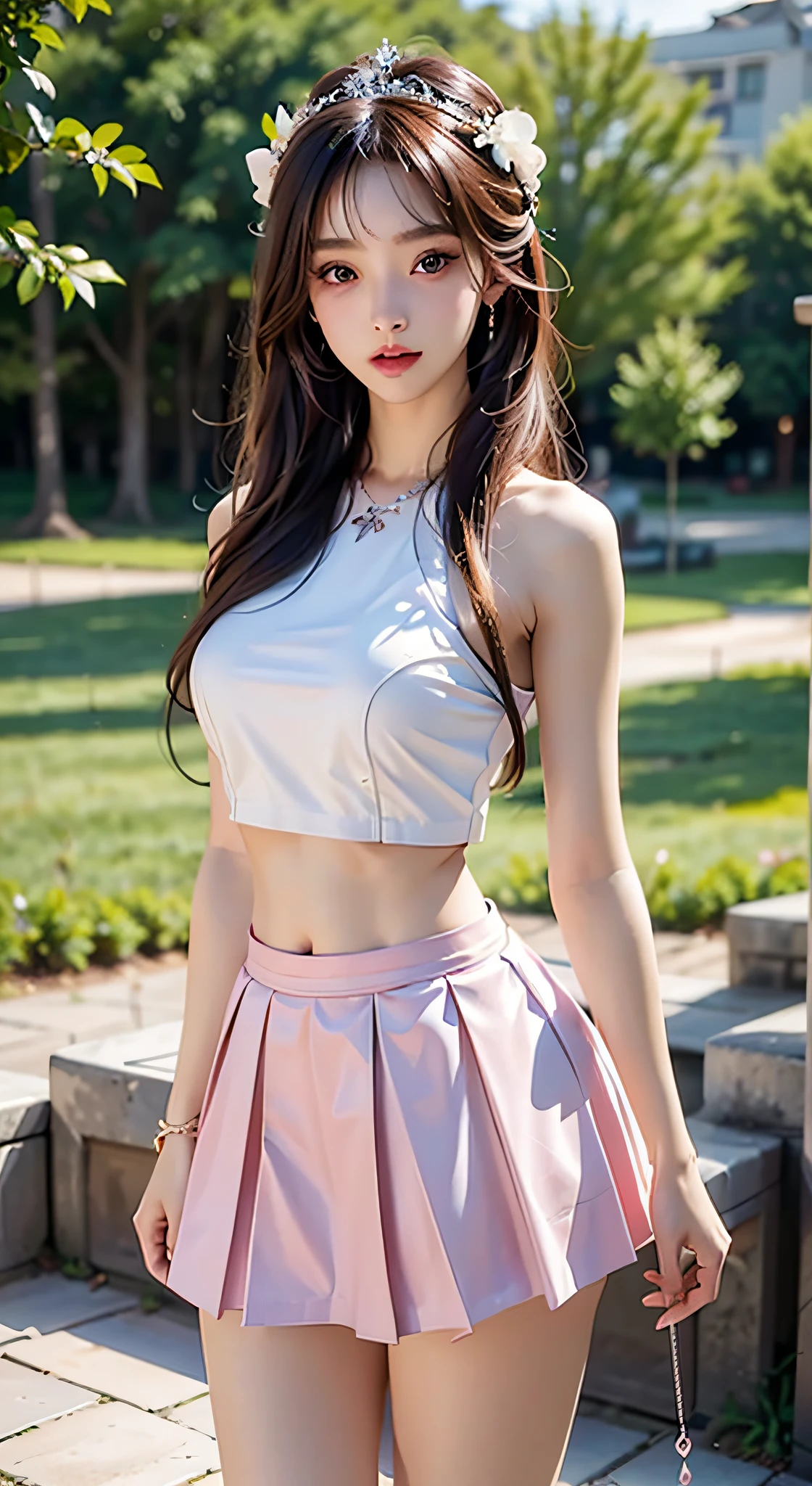 best qualtiy,tmasterpiece,k hd,1girl,close-up all over the body,Raised sexy,Cold and glamorous,cropped shoulders,show legs,Sexy long legs,nabel,White top,Pink pleated skirt,beautiful age girl,Ethereal dreams,Beautiful goddess,Detailed scenes, amazing pose, Eye-catching accessories, Picturesque