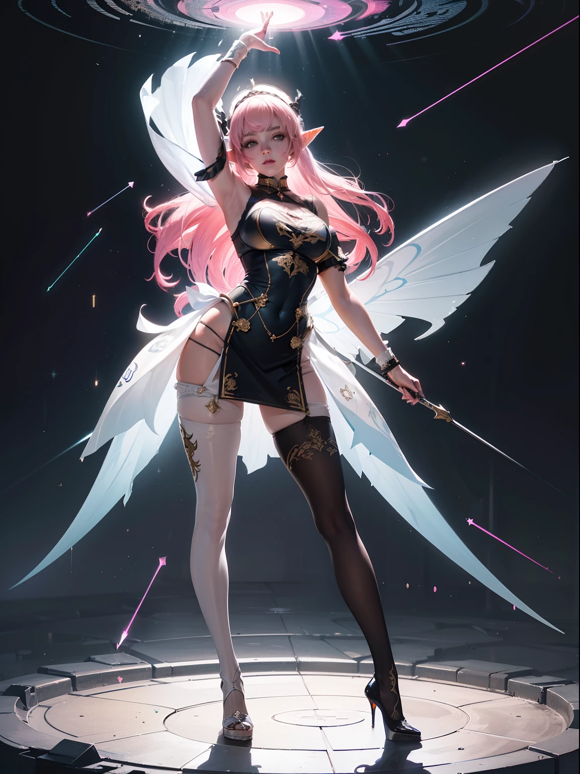 (full body:1.5)，(1girl:1.3),(looking at viewer:1.4)，(anatomy correct:1.3),(Wearing Printed Fantasy Elf Archer suit and pointed high heels ，and Very thick Printed Lolita Pantyhose :1.35), (Light particle effect:1.3),(In pink | amarelo | blue colors| green color |red colors | white colors| black in color| purpleish color| greys| Beige| Flesh color 1.4)，(Glowing eyes:1.3),(Large amplitude action: 1.3)，(Accurate and perfect face:1.4),(Clothing Gloss:1.25),(Skin reflection:1.25),hyper HD, Ray traching, reflective light，structurally correct, Award-Awarded, high detal, lightand shade contrast, Face lighting，cinmatic lighting, tmasterpiece, super detailing, high high quality, high detal, best qualityer, 16k，high contrast,