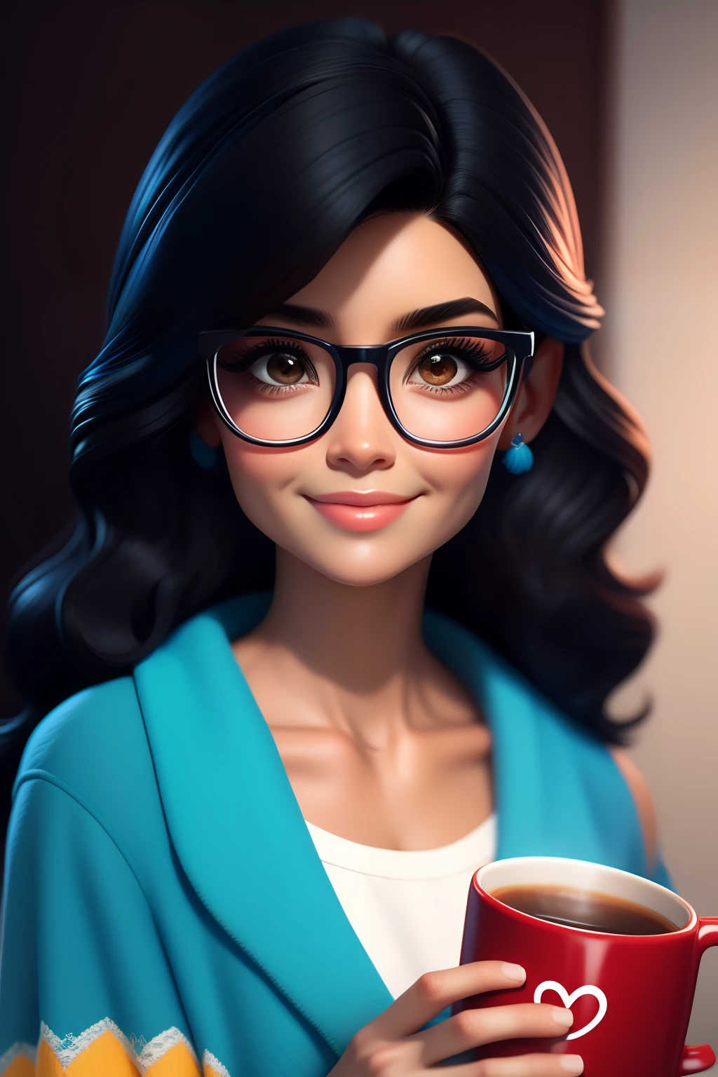 obra-prima, melhor qualidade, trabalho de rending 3d, estilo 3DMM, close-up, retrato, 3D, mulher 43 anos, pele morela, olhos castanhos, black eyeglasses, medium wavy black hair, soft braces smile, 80 kg sobrepeso, veste blusa azul claro, manga comprida com volume, holding a mug of coffee, ao lado de uma mesa de estudos, na mesa uma agenda aberta, canetas, pencils. Cores Candy color, cute