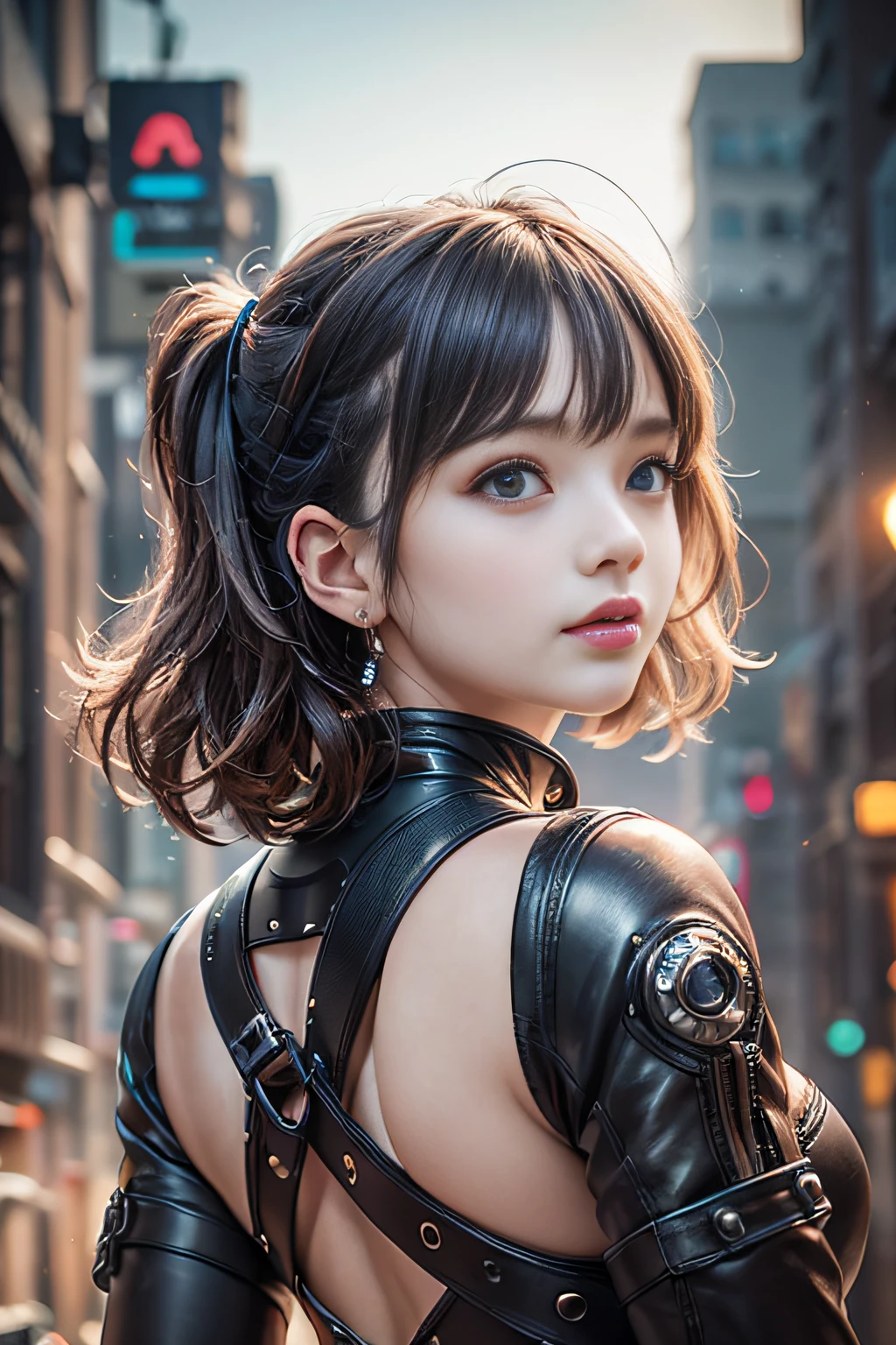 (top-quality,8K,32K,​masterpiece,nffsw:1.3),超A high resolution,(Photorealsitic:1.4),Raw photo, cyber punk Girl, Cute face in detail, Cyberpunk Hair, Cyberpunk Fashion, Very detailed clothes, Half body shot,
,Background of the cyberpunk world, Backlight effect, Lens Flare, depth of fields,CBPKV5