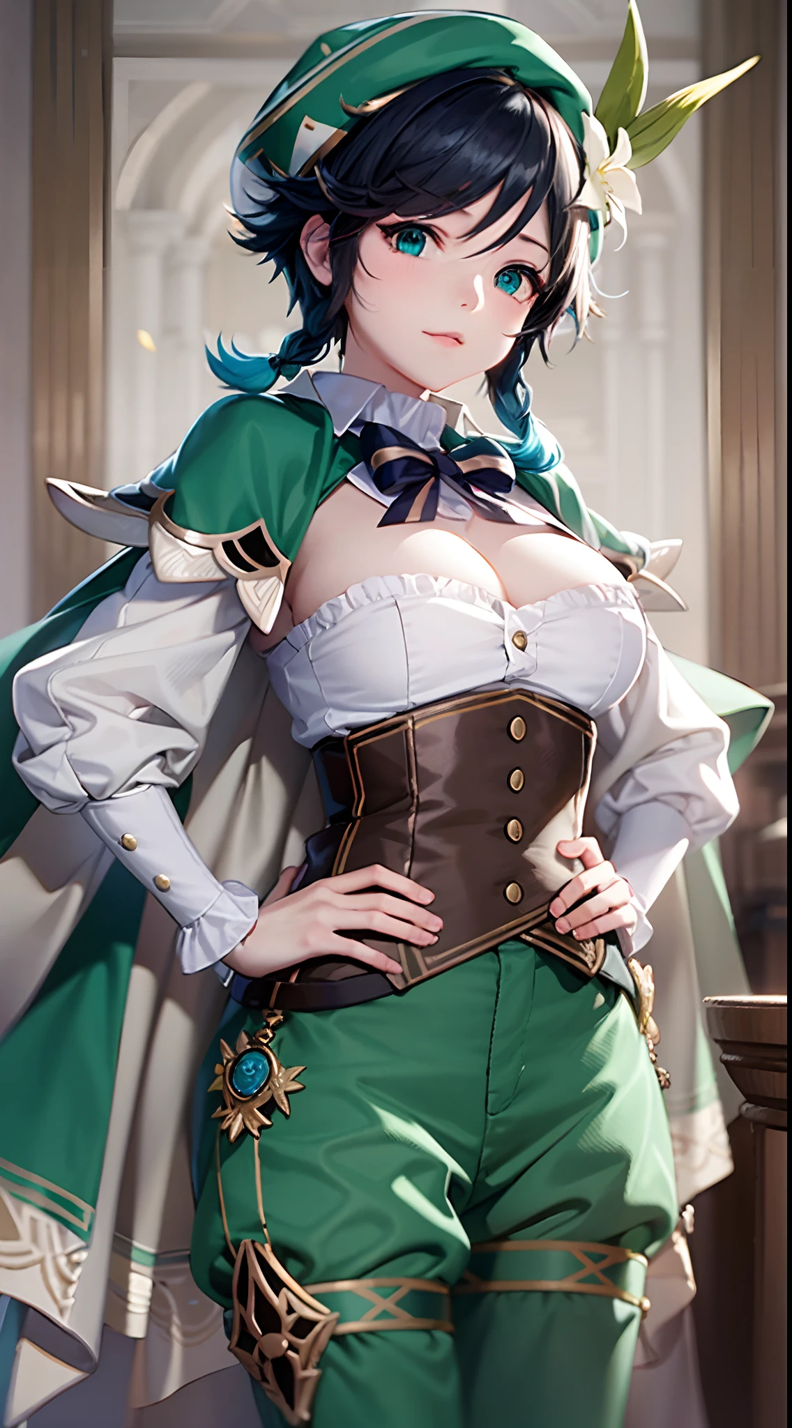 tmasterpiece,best qualtiy,1girll,(cleavage:1.5),navel,Slim belly,(Top-down view:1.5),(both hands on hip:1.5),malefocus,Venti(Genshin Impact),lyre,brunette color hair,bucket-hat,ssmile,pigtails,(Superskirt:1.5),longer sleeves,Double up braid,Gradient hair,O cabelo multicolorido,music instrument,lacepantyhose,visions(Genshin Impact),the bow,shorter pants,Blue hair,green headwear,beret,White panty hose,green shorts,collared cape,By bangs,The shirt,jewely,looking at viewert,white shirt,corsage,cloaks,hermaphroditism,frilled sleeves,frilld,Big breasts corset,Short and long hair,(greybackground:1.4),(kbxll:0.6)