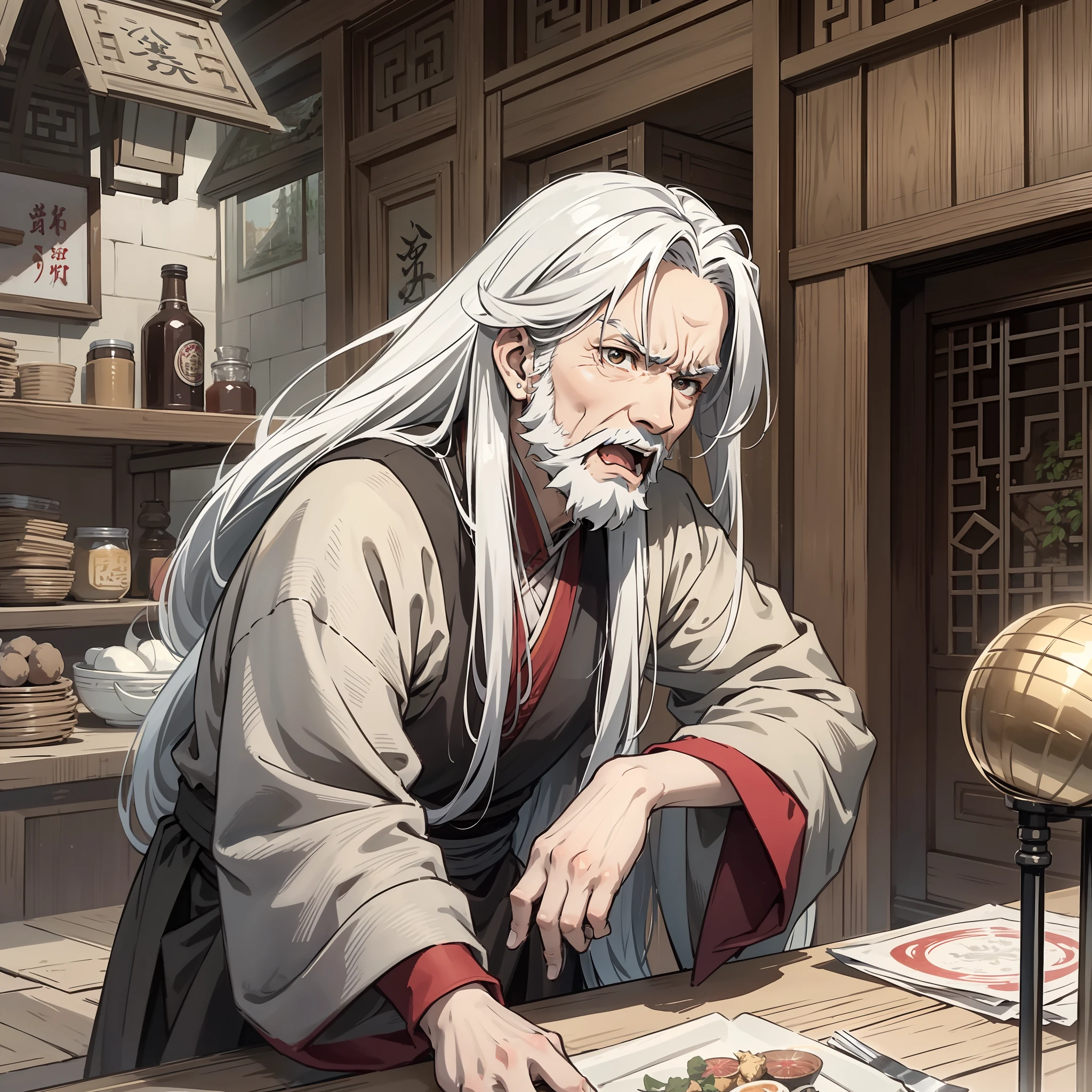 A long white hair,An ancient peasant of about 60 years old in gray Han clothes sat at the table and roared angrily(1 person in a row.5)(Set in ancient Chinese village 1.5)(Tang Dynasty 1.5)style of anime4 K,Anime rendering,style of anime(Upper body display 1.5)(Angry roar 1.5)(Old Man 1.5)(Vicissitudes 1.5)(Cinematic lighting 1.5)(Beard 1.5)(Thin 1.5)(On crutches 1.5)