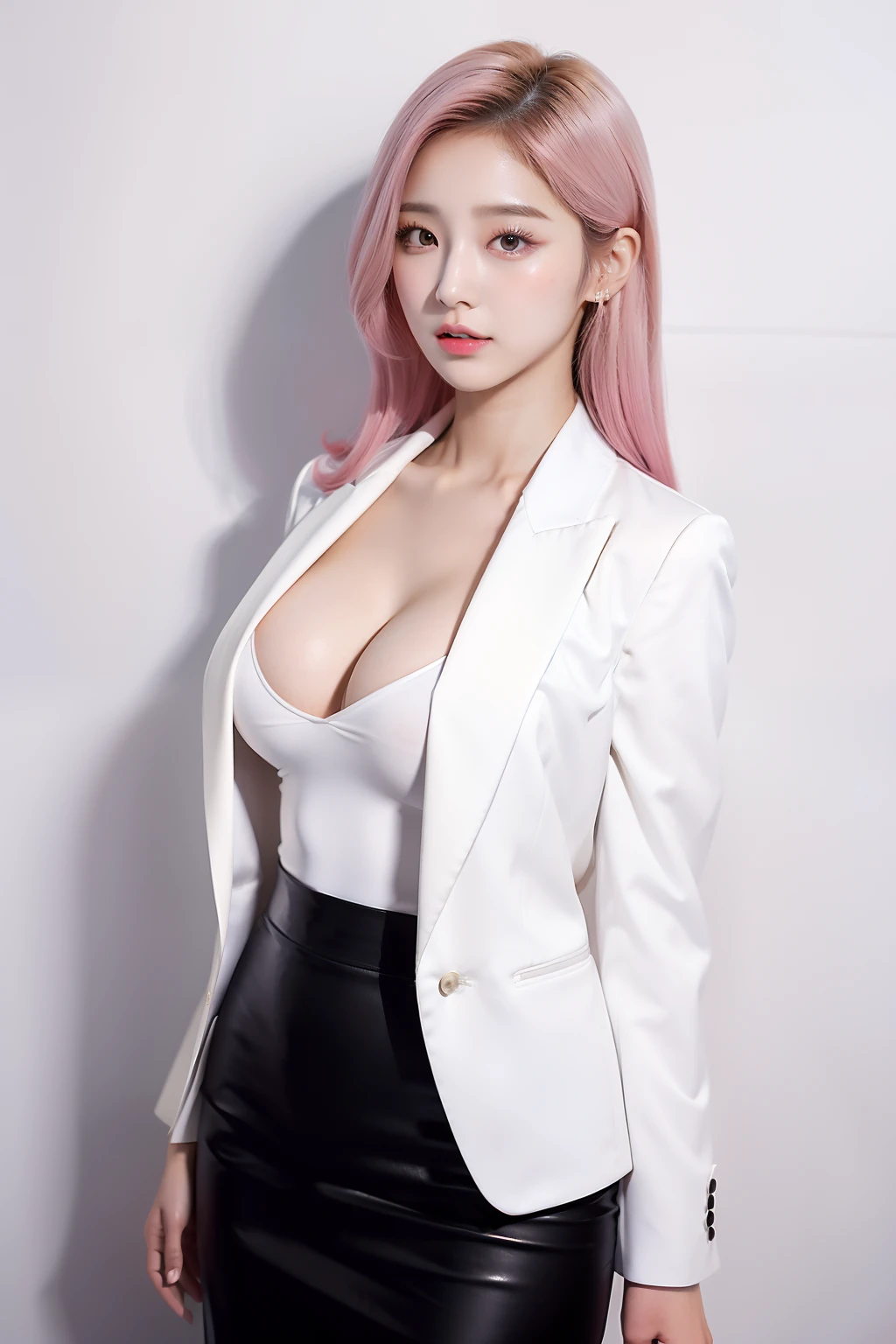 arafed asian woman in a white shirt and black skirt posing for a picture, jaeyeon nam, gorgeous young korean woman, beautiful south korean woman, korean girl, beautiful young korean woman, korean woman, heonhwa choe, korean women's fashion model, smooth white tight clothes suit, sexy look, big breast, light pink hair